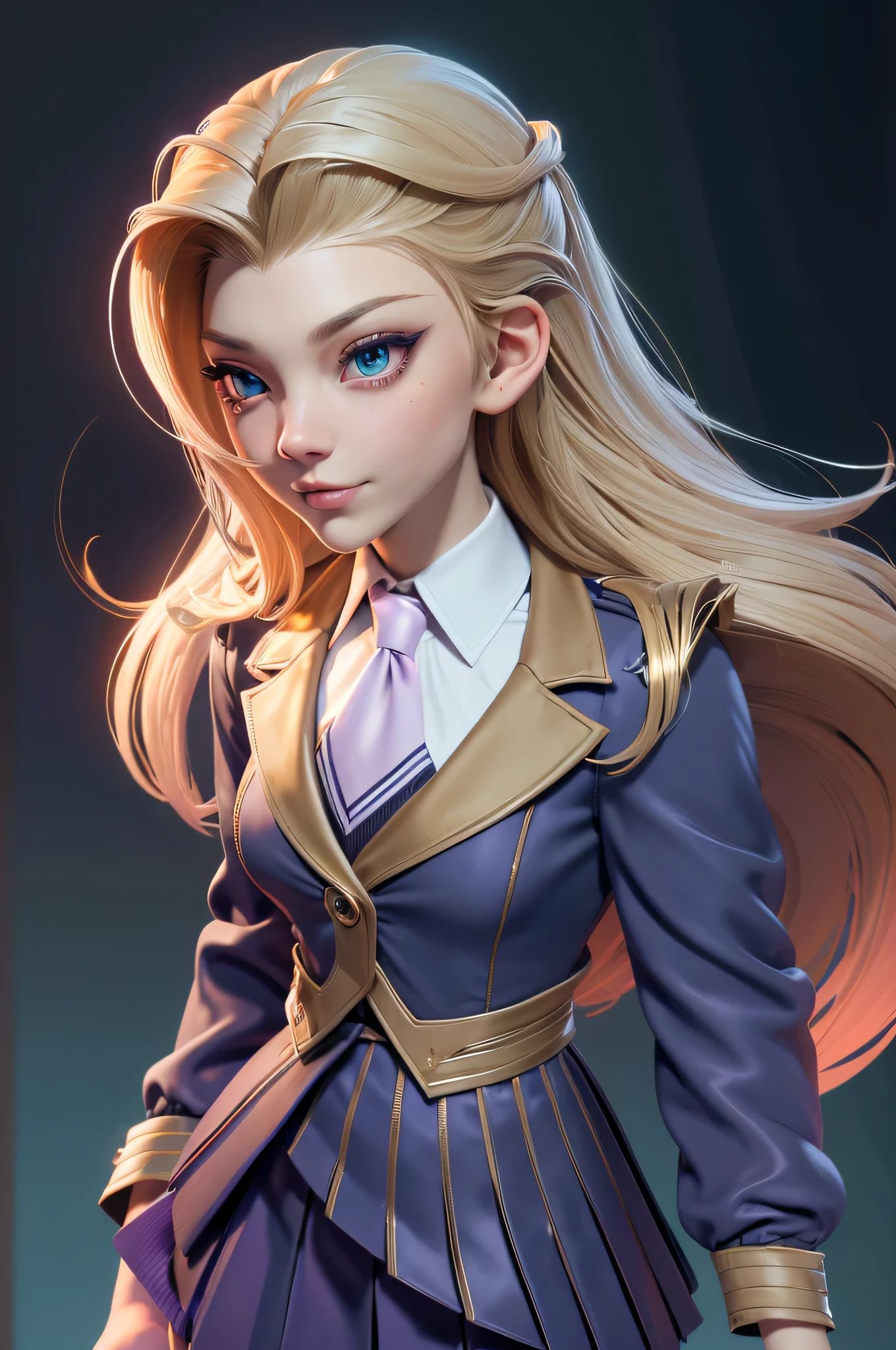 Natalie Dormer, , gynoid physics, (One:1.1), Natalie Dormer, perfect face, (((night skirt suit))), (((pleated school miniskirt))), (((night color jacket))), (((Silk tie))), Windsor tie, (((White shirt))), shirt under vest, cup size 2, (((Night color miniskirt with 1 horizontal gold stripe))), (((night color vest))), One focus, fully dressed, elegantly dressed, smiling, arrogant expression, Elegant hairstyle, strand of hair in front, hair from back to waist, blonde hair, Green eyes, beautiful detailed eyes，bright students，（very good and beautiful），（Beautiful and detailed description of the eyes), [[gentle fingers and hands:0.55]::0.85], (detail fingers), Facing the camera, (Background with：school corridor，mystical atmosphere), (Illustration, cartoon, Masterpiece, very detailed, Best quality，cinematic lighting，muted colors, detailed background, A high resolution)