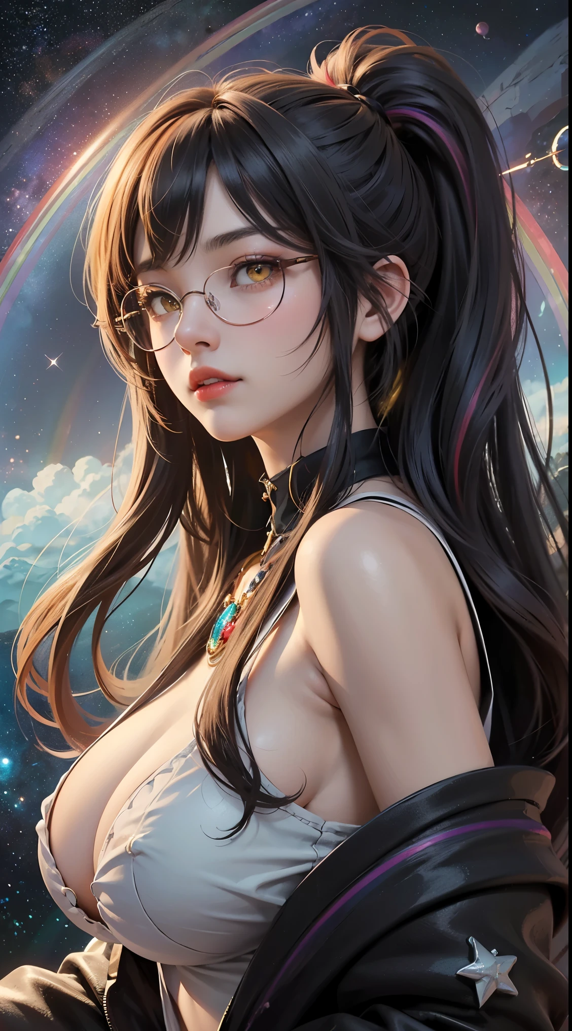 1名 27歳 woman, OK、(best illustrations)、8k UHD resolution、intricate details、最high quality、realistic、Super detailed、best lighting、best shadow、soft lighting、ultra hd、dungeon and Dragon、cave、dungeon、 necromancer、night、dark style、Succubus、devil'Daughter of、bat wings,(((デーモンホーンラック縁round glasses))))、(((big breasts)))、(devil'tail of)、(red eyes shine:1.6)、masterpiece、beautiful features、Tyndall effect、realisticphotograph、(high detail skin:1.2)、8KUHD、Digital single-lens reflex camera、high quality、photograph、High resolution、 absurd、Ponytail distortion、Optimal ratio of 4 fingers and 1 thumb、1 girl、hair ornaments、真っ赤に輝くgemのネックレス、gem、beautiful expression、body up、big breasts emphasis、tight waist、wide ass、Tyndall effect、Photoreal、(high detail skin:1.2)、dark and mysterious version, lipstick red lips, thin and beautiful lips, Don't laugh, please keep your mouth shut, Characters created by Karol Baku and Pino Daeni, intricate details, detailed background, very detailed, magic of light, woman, pretty face, ((((giant glasses, otaku glasses, thick glasses, round glasses))))、 looking at the Upper body of the goddess , round chest, big and round chest, phoenix hair brooch, long hair with bangs, (Long hair has seven colors like a rainbow:1.9), Beautifully detailed face and well-proportioned eyes, (clear yellow eyes: 1.8), Big round eyes and very beautiful and detailed makeup, Visionary, long silk nightgowns, mysterious makeup, ブresponseレット, I dyed my side bangs and light yellow., Upper body, (goddess Upper body: 1.8), hanging arms, リアルで鮮やかなphotograph, (stars that make up : 1.7), ( sky and fictitious space and time portal: 1.8), fiction art, RAWphotograph, 漢服のphotograph, 最高のphotograph , expensive_response, 最high quality, 最高のphotograph, 8K quality, 8K Ultra , surrealism, 最も経済的な本物のphotograph, artistic portrait of igns, 1 syl of 12 signhind, single portrait of 12 goddess, 最もrealistic配色, 最高のphotograph color, masterpiece, hair ornaments, ネックresponse, jewelry, beautiful face, Upper body, Tyndall effect, photographのようにリアルな, Dark studio, border light, two tone light, (fine skin) expensive: 1.2), 8k UHD, Digital single-lens reflex camera, soft light, expensive quality, volume light, Frank, photograph, expensive responseolution, 4K quality, 8k, Bokeh, smooth and sharp, 10x more pixels, Charming goddess, sexy goddess, (background space: 1.8), (milky way: 1.7), aurora, lightning, (auroraの背景: 1.8) <roller:crazy_perfect eyes_v1_from_v1_, beautiful goddess and flowers,
