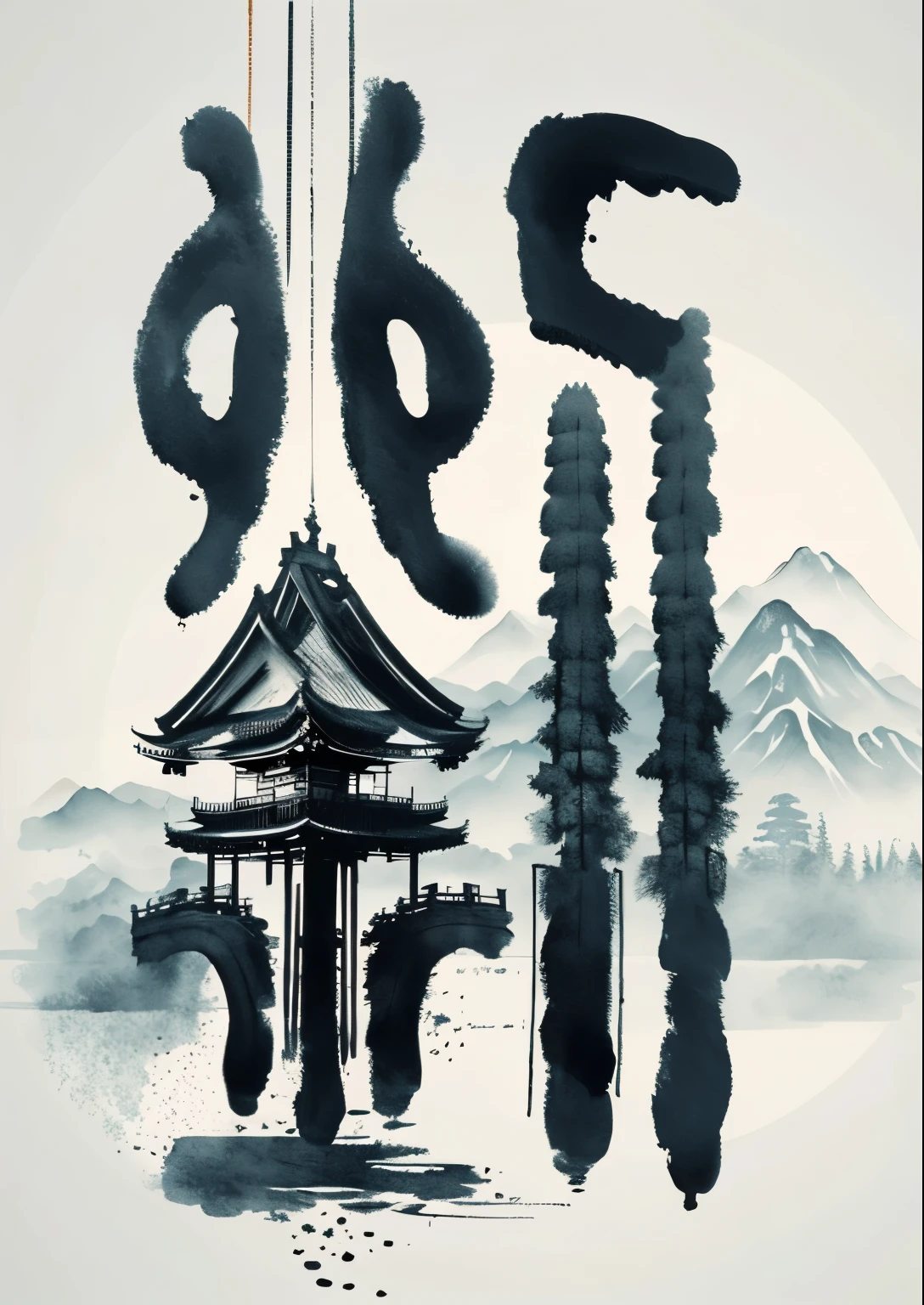 masterpiece,Chinese ink landscape painting,Waterfall,mountains