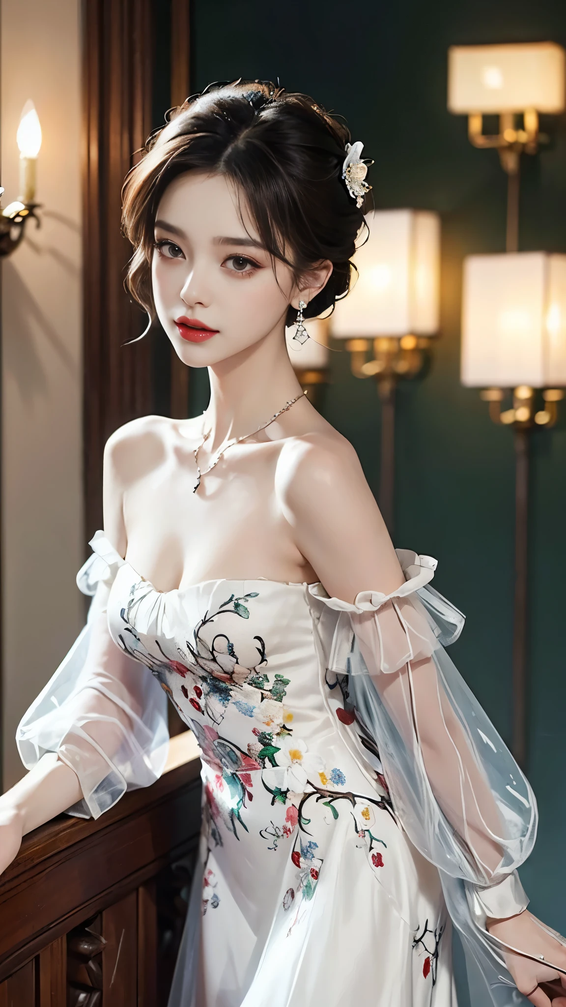 sh33rfl0r4l, long sleeves, black dress, off shoulder, bare shoulders, long dress, see-through, tulle dress, ((whole body)), ((from below)), Yushuxin,1 girl,alone, ((stand up, leaning on ledge)), ((lean forward)), ((The features are clear, clear face, clear face)), ((bare shoulders)),red lips, cosmetics, close-up, elegant姿势, seductive pose, Perfect Curve, Slim, Sexy, big breasts, split, beautiful legs, charming gaze, bite lip, messy long hair, Simple and casual scene, Very detailed, Ultra-clear, best quality, official art, exquisite earrings, exquisite necklace, Very detailed description, Super beautiful painting, Sophisticated functionality, elegant, beautiful, Super fine details, masterpiece, Authentic texture, Realistic movie lighting, masterpiece, best quality