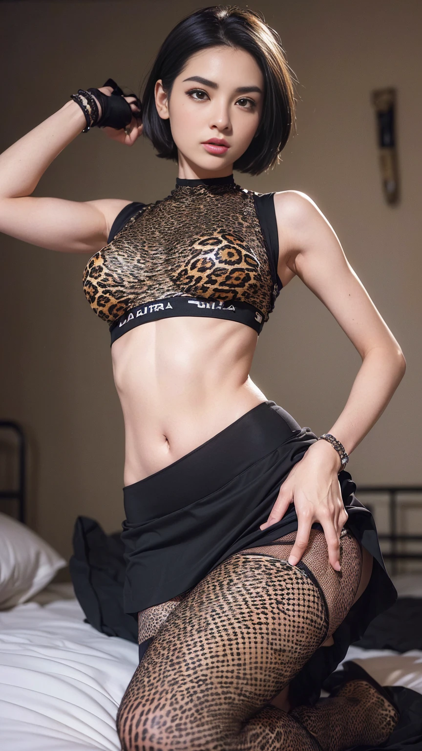 (ultra-detailliert, 超A high resolution, Realistic, photographrealistic:1.37),Solo,viewer、Eyelashes、Undersized breasts、Detailed limbs、detailed facial expression、Balanced and perfect body、((leopard print sleeveless mini skirt、black fishnet tights、Navel Ejection)、Slightly larger ironed semi-short hair、tthin eyebrows、Narrow waist、Open Bed Room