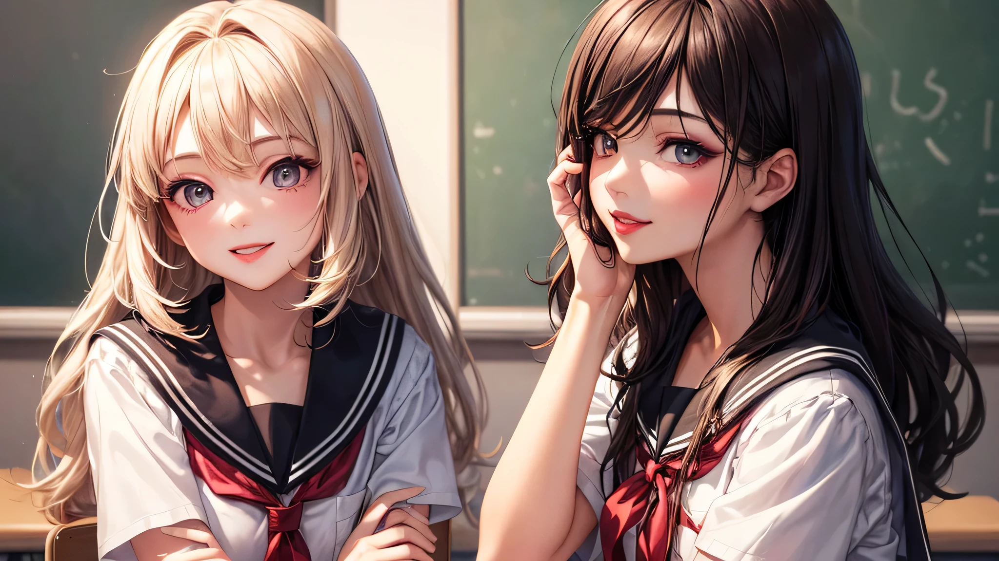 (2 girls:1.2), incredibly beautiful face, compensate, lipstick, enchanting smile, (school uniform, mini skirt:1.2), (highest quality: 1.4), (Super detailed), (highest quality:1.4), (super detailed), evening, (anime illustration), very high resolution, (Upper body), close up face, (School, classroom), School anime,  anime illustration,