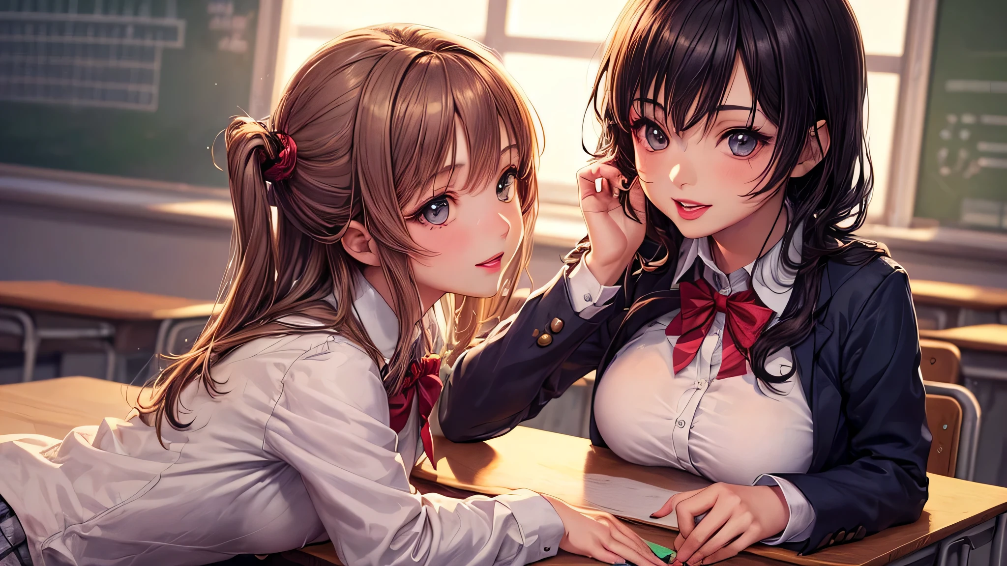 (2 girls:1.2), incredibly beautiful face, compensate, lipstick, enchanting smile, (school uniform, mini skirt:1.2), (highest quality: 1.4), (Super detailed), (highest quality:1.4), (super detailed), evening, (anime illustration), very high resolution, (Upper body), close up face, (School, classroom), School anime,  anime illustration,