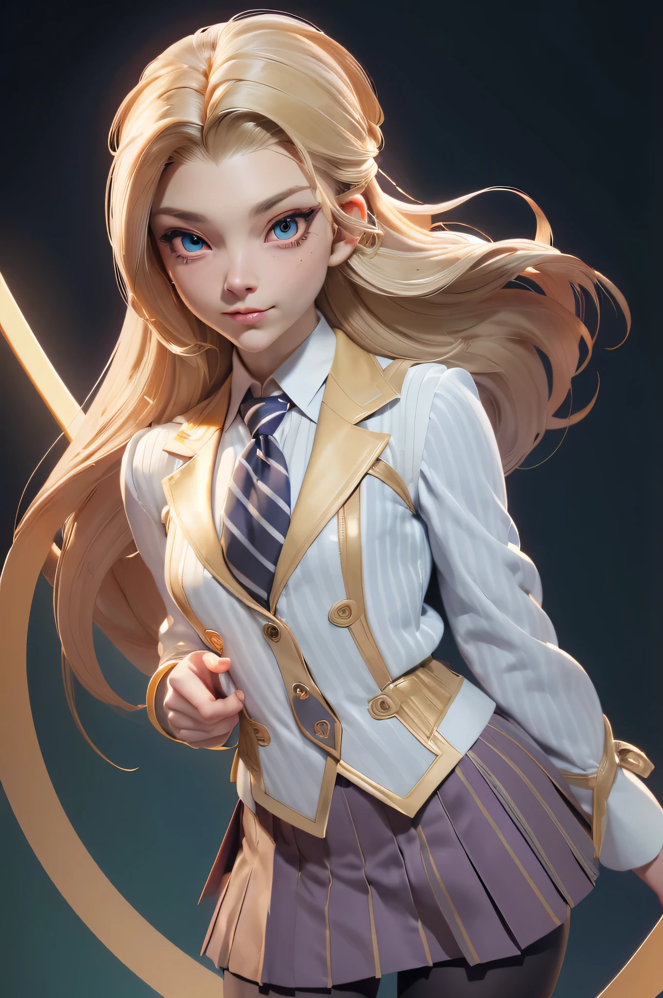 Natalie Dormer, , gynoid physics, (One:1.1), Natalie Dormer, perfect face, (((night skirt suit))), (((pleated school skirt))), (((Silk tie))), Windsor tie, (((White shirt))), cup size 2, (((night color jacket with 1 horizontal gold stripe))), (((Night color skirt with 1 horizontal gold stripe))), (((night color vest))), (((One focus, fully dressed, elegantly dressed, smiling, arrogant expression, Elegant hairstyle, strand of hair in front, hair from back to waist, blonde hair, Green eyes, beautiful detailed eyes，bright students，（very good and beautiful），（Beautiful and detailed description of the eyes), [[gentle fingers and hands:0.55]::0.85], (detail fingers))), Facing the camera, (Background with：school corridor，mystical atmosphere), (Illustration, cartoon, Masterpiece, very detailed, Best quality，cinematic lighting，muted colors, detailed background, A high resolution)