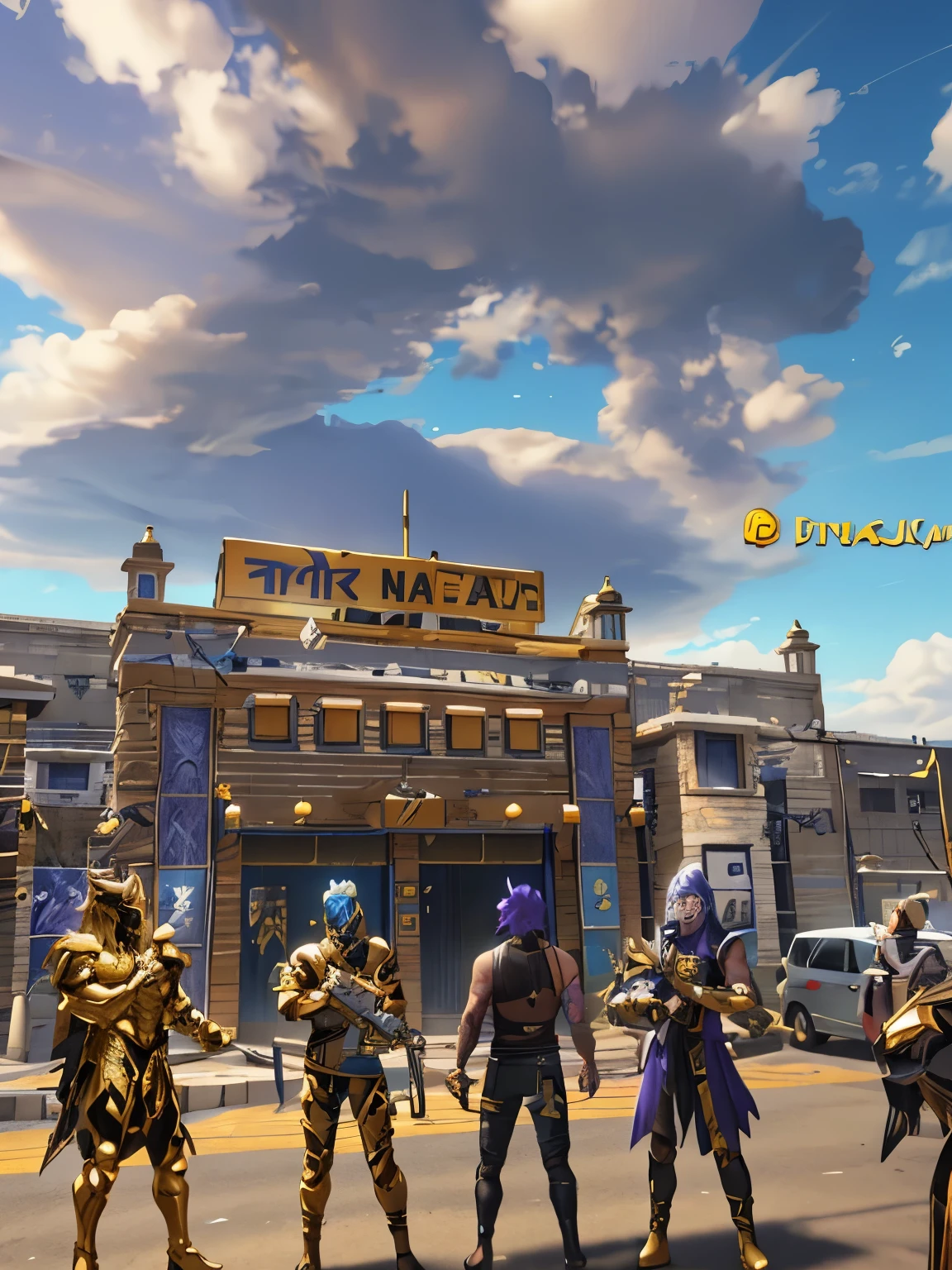 several people are standing outside of a yellow building with a sign that says royal rama, unreal engine render saint seiya, shot on iphone 1 3 pro max, 🕹️ 😎 🔫 🤖 🚬, accurate depiction, weta studio, wearing thanos armour, shot on iphone 1 3 pro, surreal!!!, cinematic view!!!, [ cinematic, saint seiya