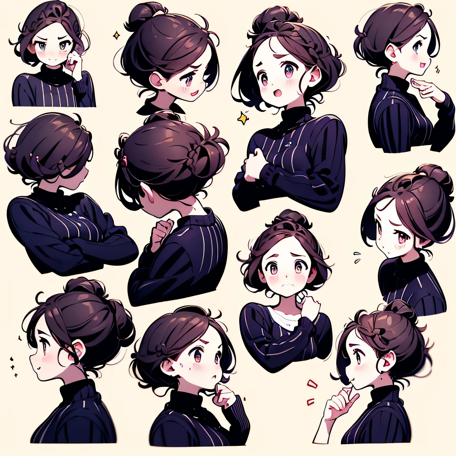 realism, (((better quality: 1.4))), ((super detailed: 1.4)), super detailed gouache portrait of a beautiful woman with red lips and black outfit, number, cartoon, actual, Emoji pack,(9 emoticons,Emoji table,constellation),9 poses and expressions(anger,surprise,have a good time,wake,laughing out loud,Suspect,angered,touch your head,Lovely for sale, wait),Anthropomorphic style,disney style,Black strokes,9 different emotions,9 poses and expressions,8k