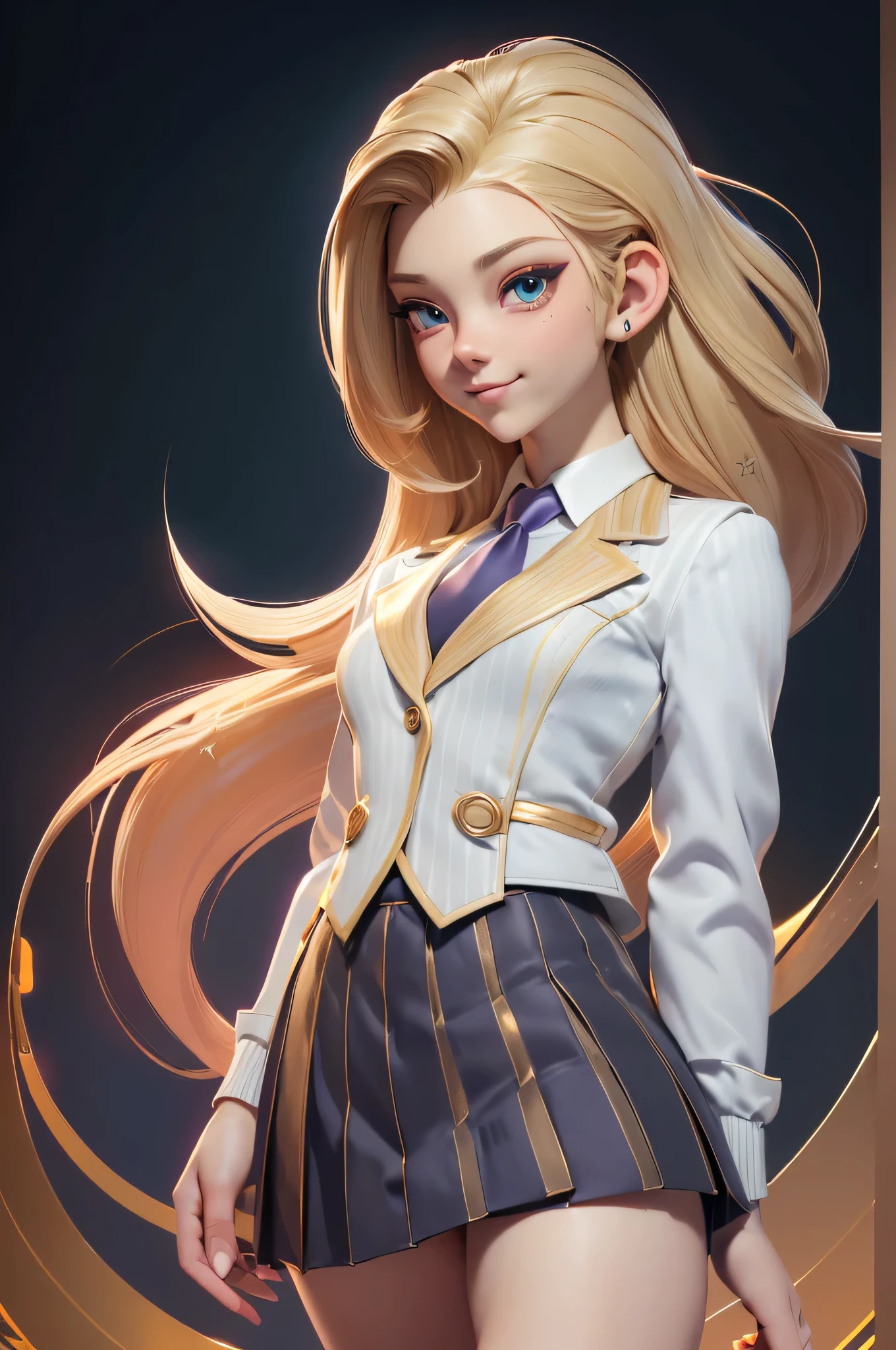 Natalie Dormer, 16 years, gynoid physics, (One:1.1), Natalie Dormer, perfect face, (((night skirt suit))), (((pleated school skirt))), (((Silk tie))), Windsor tie, (((White shirt))), cup size 2, (((night color jacket with 1 horizontal gold stripe))), (((Night color skirt with 1 horizontal gold stripe))), (((night color vest))), (((One focus, fully dressed, elegantly dressed, smiling, arrogant expression, Elegant hairstyle, strand of hair in front, hair from back to waist, blonde hair, Green eyes, beautiful detailed eyes，bright students，（very good and beautiful），（Beautiful and detailed description of the eyes), [[gentle fingers and hands:0.55]::0.85], (detail fingers))), Facing the camera, (Background with：school corridor，mystical atmosphere), (Illustration, cartoon, Masterpiece, very detailed, Best quality，cinematic lighting，muted colors, detailed background, A high resolution)