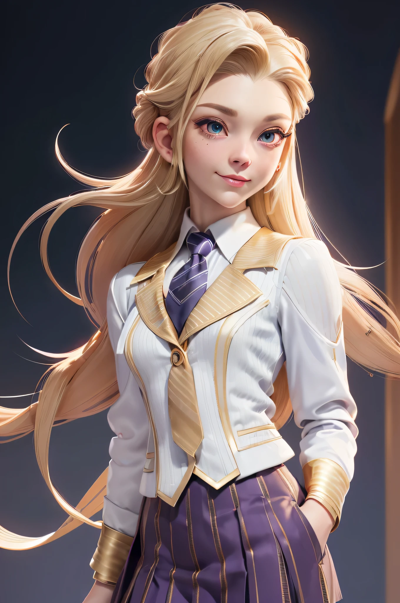 Natalie Dormer, 16 years, gynoid physics, (One:1.1), Natalie Dormer, perfect face, (((night skirt suit))), (((pleated school skirt))), (((Silk tie))), Windsor tie, (((White shirt))), cup size 2, (((night color jacket with 1 horizontal gold stripe))), (((Night color skirt with 1 horizontal gold stripe))), (((night color vest))), (((One focus, fully dressed, elegantly dressed, smiling, arrogant expression, Elegant hairstyle, strand of hair in front, hair from back to waist, blonde hair, Green eyes, beautiful detailed eyes，bright students，（very good and beautiful），（Beautiful and detailed description of the eyes), [[gentle fingers and hands:0.55]::0.85], (detail fingers))), Facing the camera, (Background with：school corridor，mystical atmosphere), (Illustration, cartoon, Masterpiece, very detailed, Best quality，cinematic lighting，muted colors, detailed background, A high resolution)