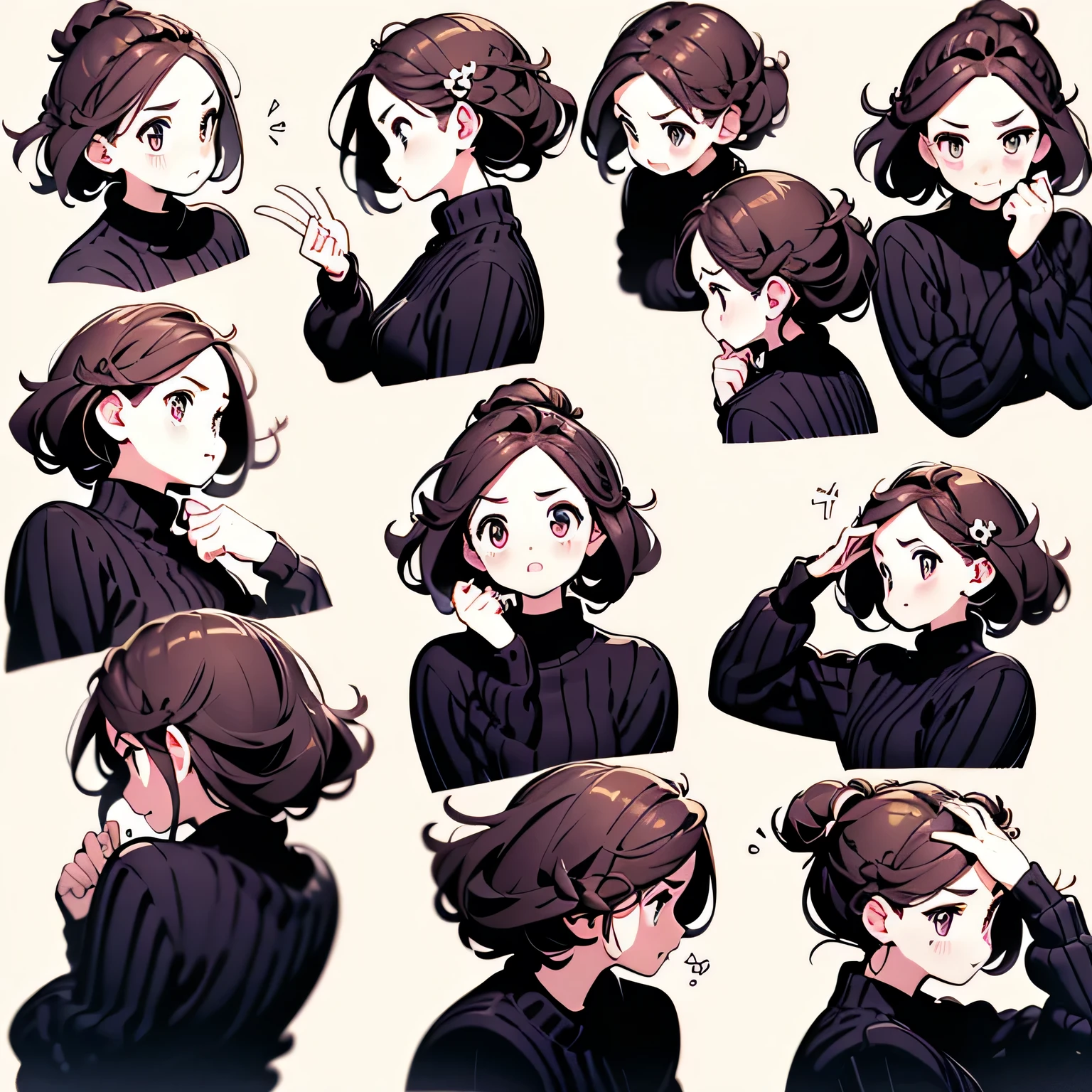 realism, (((better quality: 1.4))), ((super detailed: 1.4)), super detailed gouache portrait of a beautiful woman with red lips and black outfit, number, cartoon, actual, Emoji pack,(9 emoticons,Emoji table,constellation),9 poses and expressions(anger,surprise,have a good time,wake,laughing out loud,Suspect,angered,touch your head,Lovely for sale, wait),Anthropomorphic style,disney style,Black strokes,9 different emotions,9 poses and expressions,8k