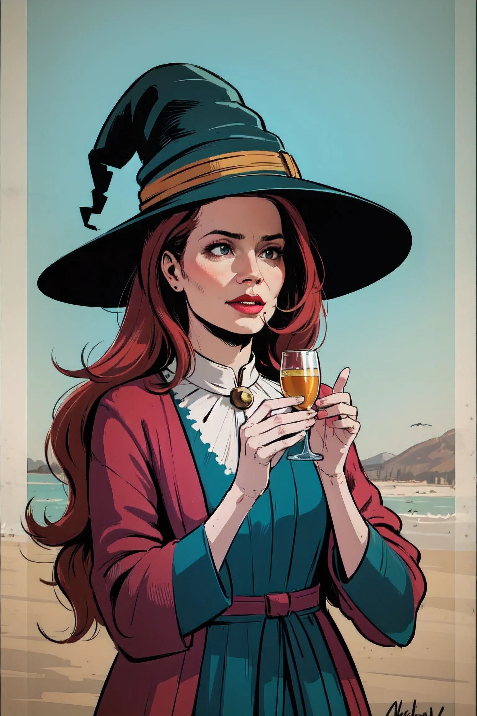 1 beautiful girl with long red hair , witch
