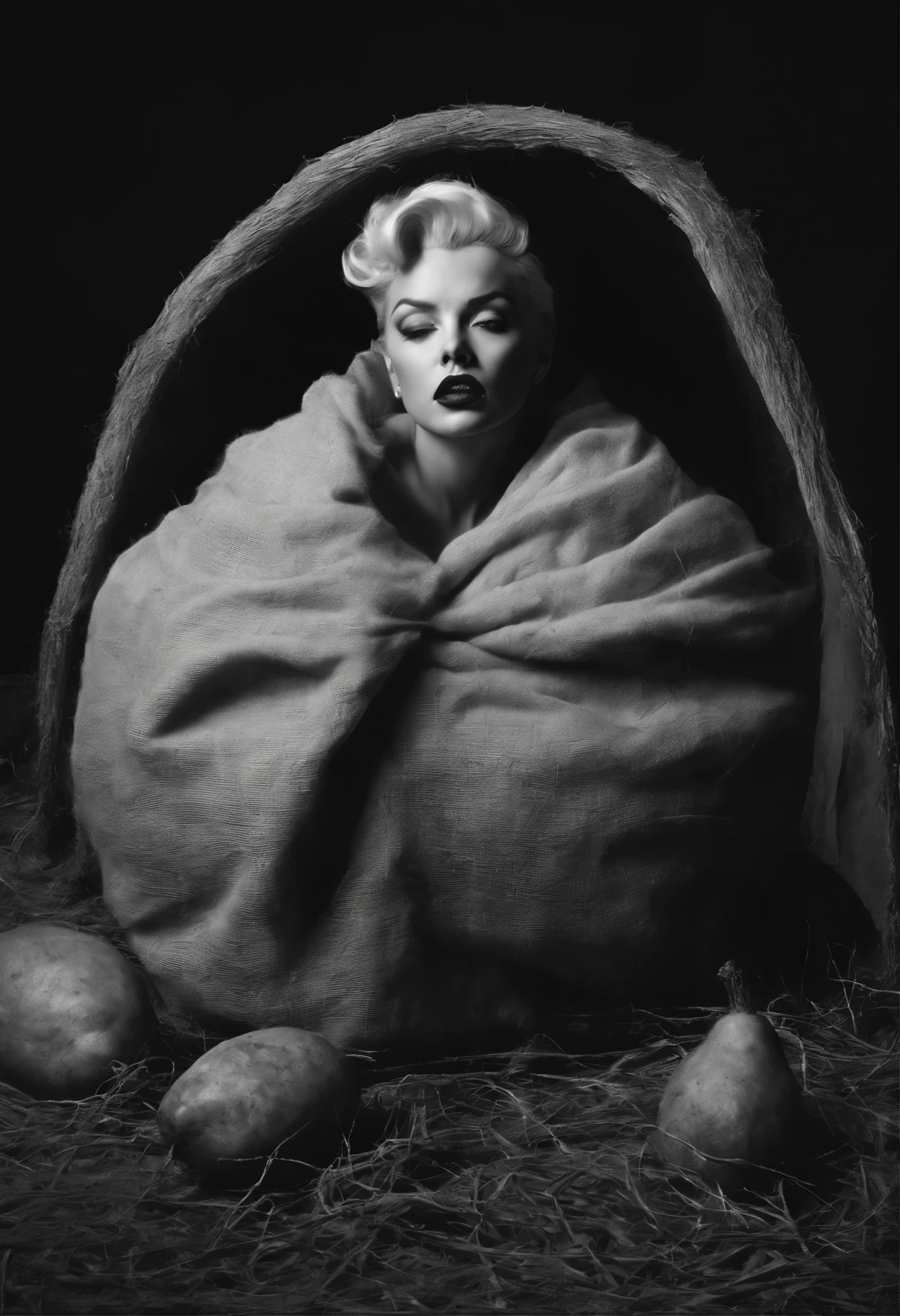 an analog photo of Marilyn Monroe  dressed in an onion sack taken by Bert Stern in 1962