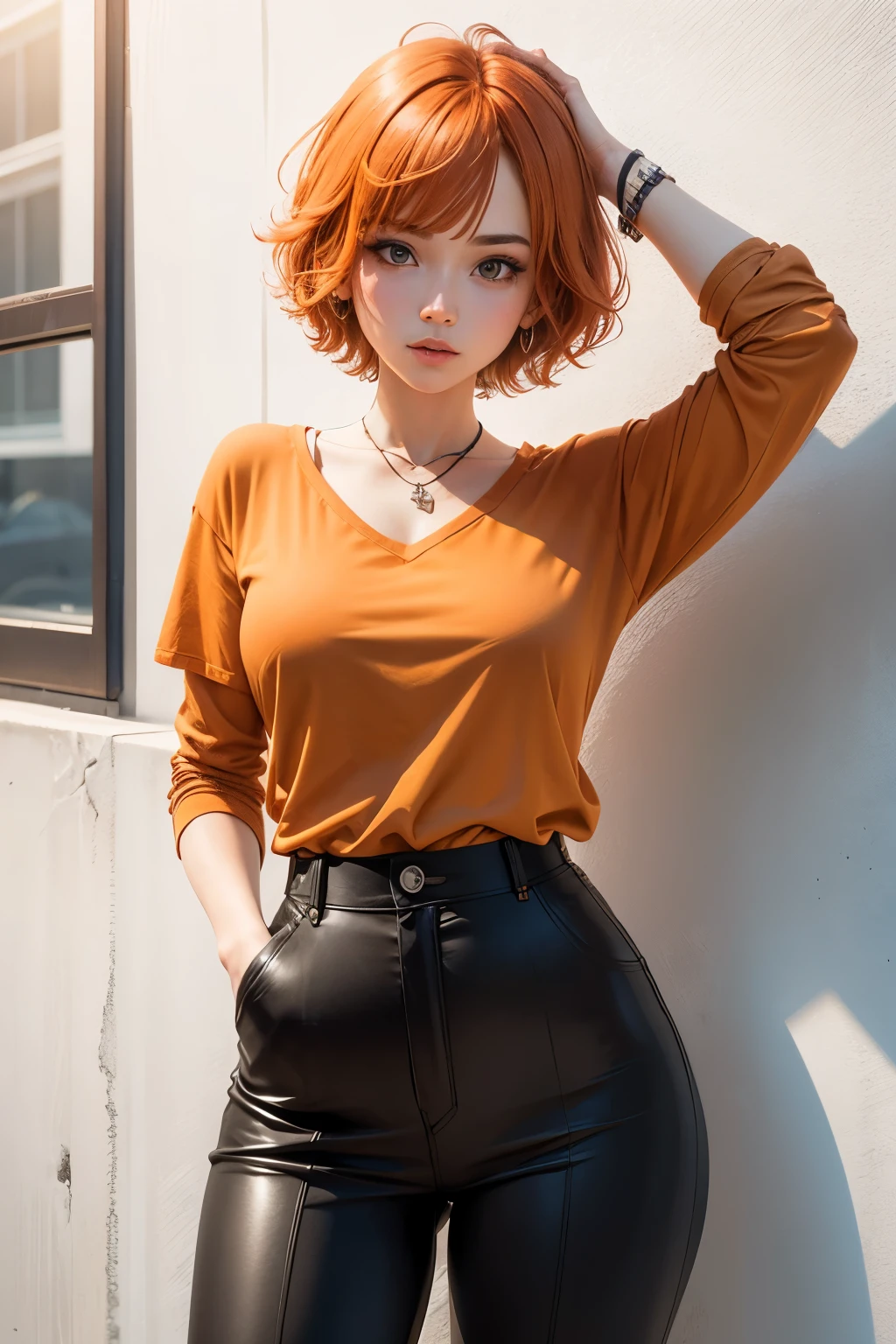 Cute girl, short orange hair, orange shirt, black pants