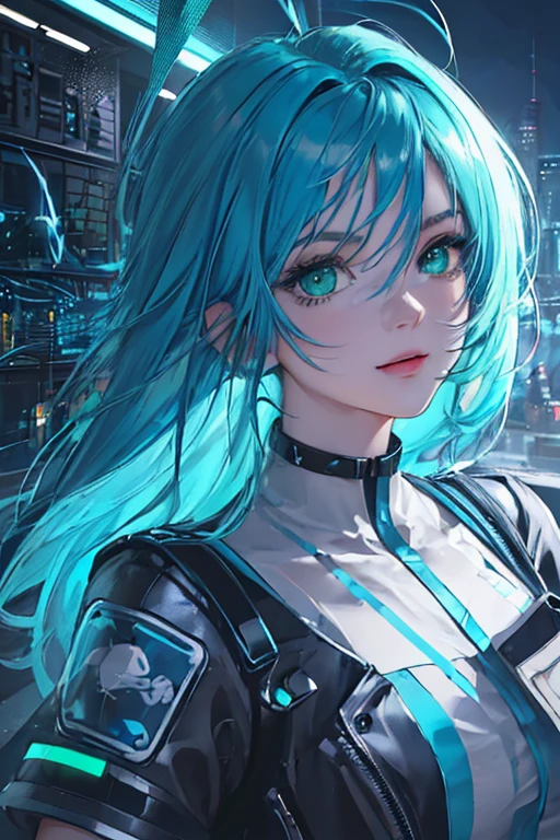 (((1 woman)))、(High resolution、distinct_image) Best quality、(((pop art)))、1990-е годы、((colorful background))、((lighting))、very detailed、Semi-realistic、sky blue hair、(long blue hair、smile、 years、young、((facial features in a t-shirt facial features、bottom view、((Detailed green eyes)), long blue hair, fashion clothes, fille russe aux cheveux light blue hair, Night, Dark kitchen, Double exposure effect,Cyberpunk Girl,Battlefield,overlapping images,High-tech city,neon lights,Dystopian landscape,dramatic atmosphere,Girl with glowing cybernetic eyes,heroic pose,confident expression,urban decay,Smoke and fog,Mechanical Improvements,Street art,graffiti,technological chaos,destroyed buildings,Destroyed equipment,Electric sparks,Futuristic weapons,helicopters fly overhead,glitchy holograms,virtual reality interface,wireframe overlays,seamless integration of man and machine,tense and harsh atmosphere,bright and bold color palette,dynamic lighting,shadows and highlights, playing on surfaces,reflection and refraction of light in glass and metal surfaces.