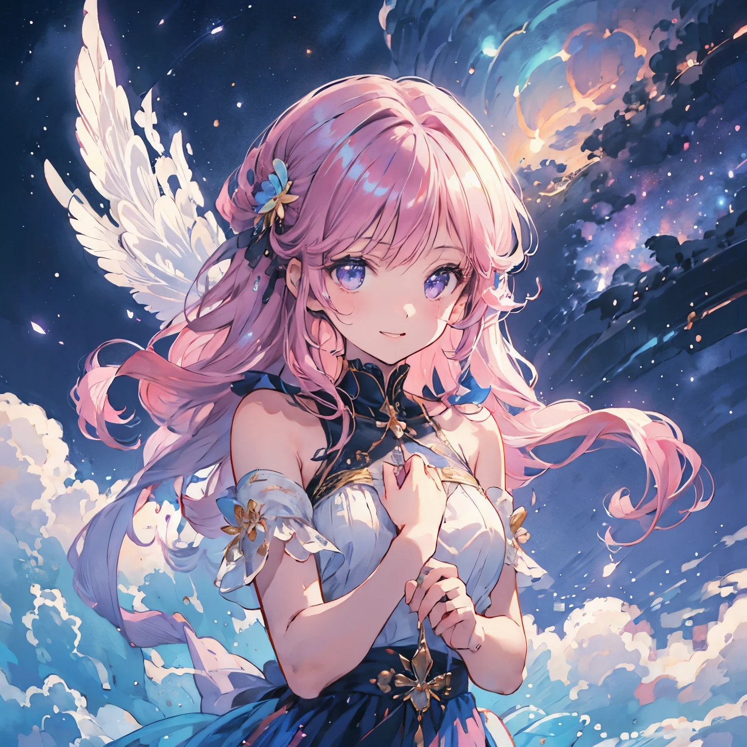 exquisite, beautiful, hyper detailed, masterpiece, high quality, absurdres, highres, Full-HD, 16K, sky, woman, fairy, princess, happy, delightful, smiling, laughing, flying, floating, bob, wave hair, pink hair, purple eyes, big eyes, fair skin, slim, with wings, with a crescent moon, with stardust, with a starry sky, with a nebula, with shooting stars, surrounded by stars and stardust, at midnight, soft-edged, soft lines, wide shot, highly saturated colors, vibrant colors, pastel colors