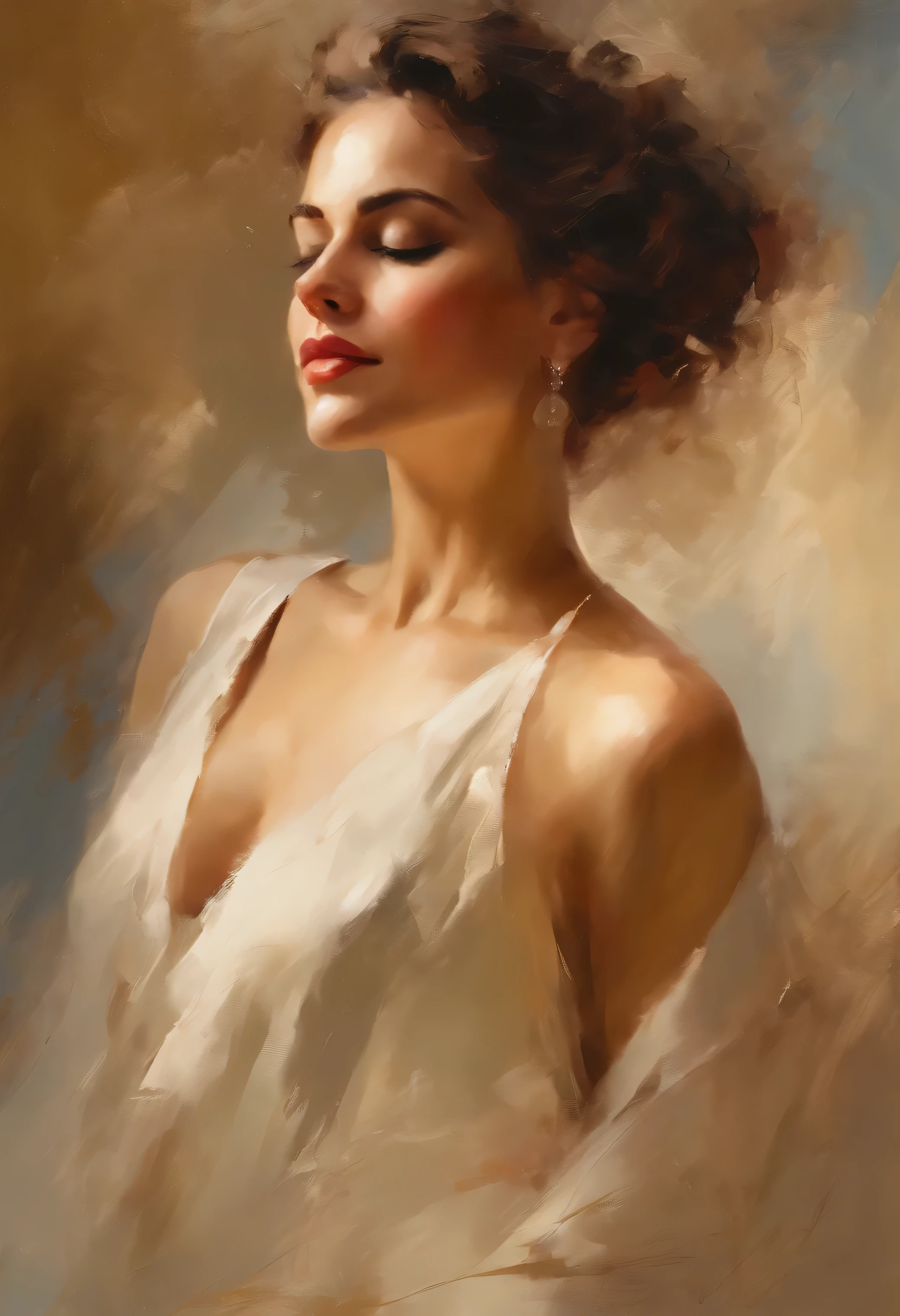 Portrait artwork inspired by Pino Daeni, perfect body shape, perfect finger shapes, sketch, drawing, or watercolor artwork impasto style. Perfect reflections. Abstract impasto background, light beige color only
