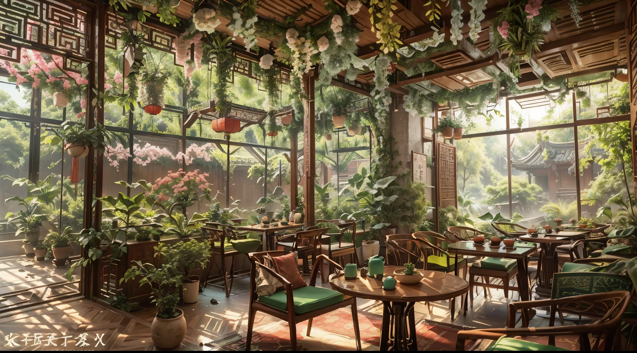  Chinese style indoor dining area concept renderings，Use large glass windows，(best quality，high resolution），（bright、bright colors），（meticulous、lifelike），flowers hanging from the ceiling。The space is filled with green plants，Create a lush garden atmosphere。A long calligraphy scroll hangs in front of each dining table，It says ""。There is also an open-air balcony，Overlooking the nature outside。 V-Ray 