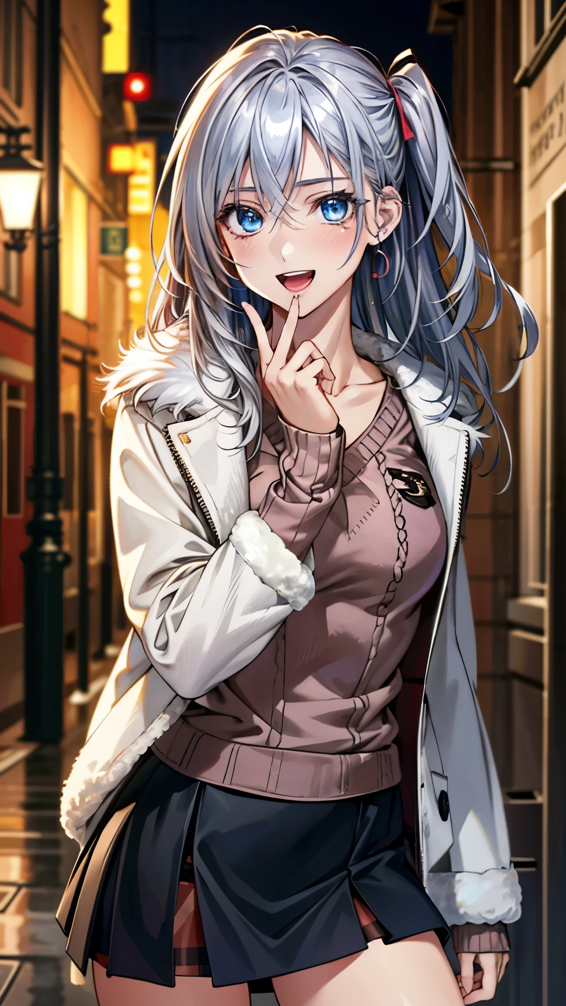 (masterpiece:1.3, top-quality), ultra high res, ultra detailed, (realistic, photorealistic:1.4), beautiful illustration, perfect lighting, colorful, depth of fields, 
looking at viewer, 1 girl, solo, high school girl, perfect face, (perfect anatomy, anatomically correct), cute and symmetrical face, babyface, shiny skin, , 
(middle hair:1.5, (two side up:1.2), silver hair), hair between eyes, big eyes, blue eyes, long eye lasher, (medium breasts), slender, dark red hair ribbon, 
beautiful hair, beautiful face, extremely detailed face, beautiful detailed eyes, beautiful clavicle, beautiful body, beautiful chest, beautiful thigh, beautiful legs, beautiful fingers, 
((long sleeve white fur jacket, pink sweater, burberry check mini skirt)), 
(beautiful scenery), evening, (street), standing, (lovely smile, open mouth), 