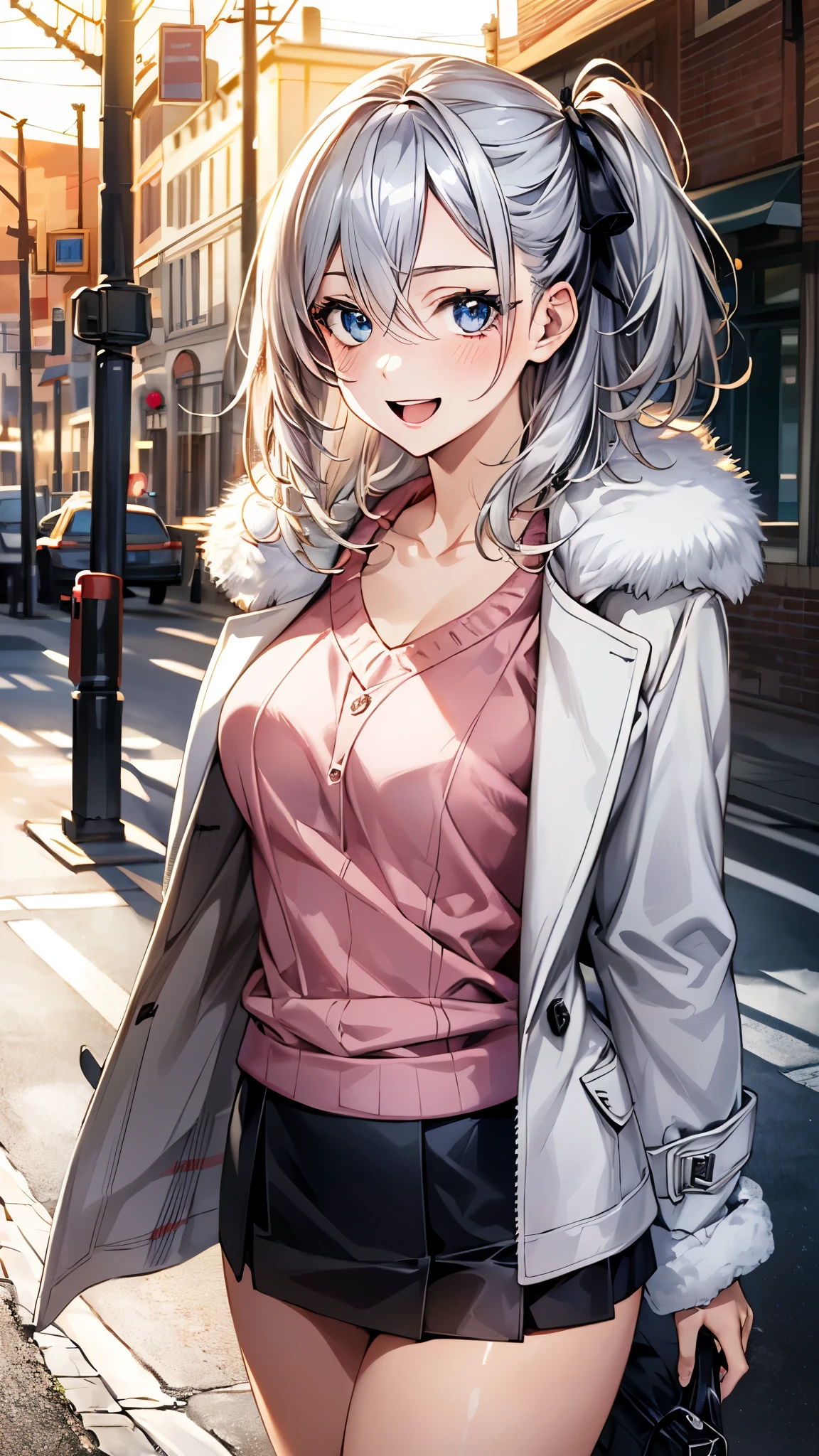 (masterpiece:1.3, top-quality), ultra high res, ultra detailed, (realistic, photorealistic:1.4), beautiful illustration, perfect lighting, colorful, depth of fields, 
looking at viewer, 1 girl, solo, high school girl, perfect face, (perfect anatomy, anatomically correct), cute and symmetrical face, babyface, shiny skin, , 
(middle hair:1.5, (two side up:1.2), silver hair), hair between eyes, big eyes, blue eyes, long eye lasher, (medium breasts), slender, dark red hair ribbon, 
beautiful hair, beautiful face, extremely detailed face, beautiful detailed eyes, beautiful clavicle, beautiful body, beautiful chest, beautiful thigh, beautiful legs, beautiful fingers, 
((long sleeve white fur jacket, pink sweater, burberry check mini skirt)), 
(beautiful scenery), evening, (street), standing, (lovely smile, open mouth), 