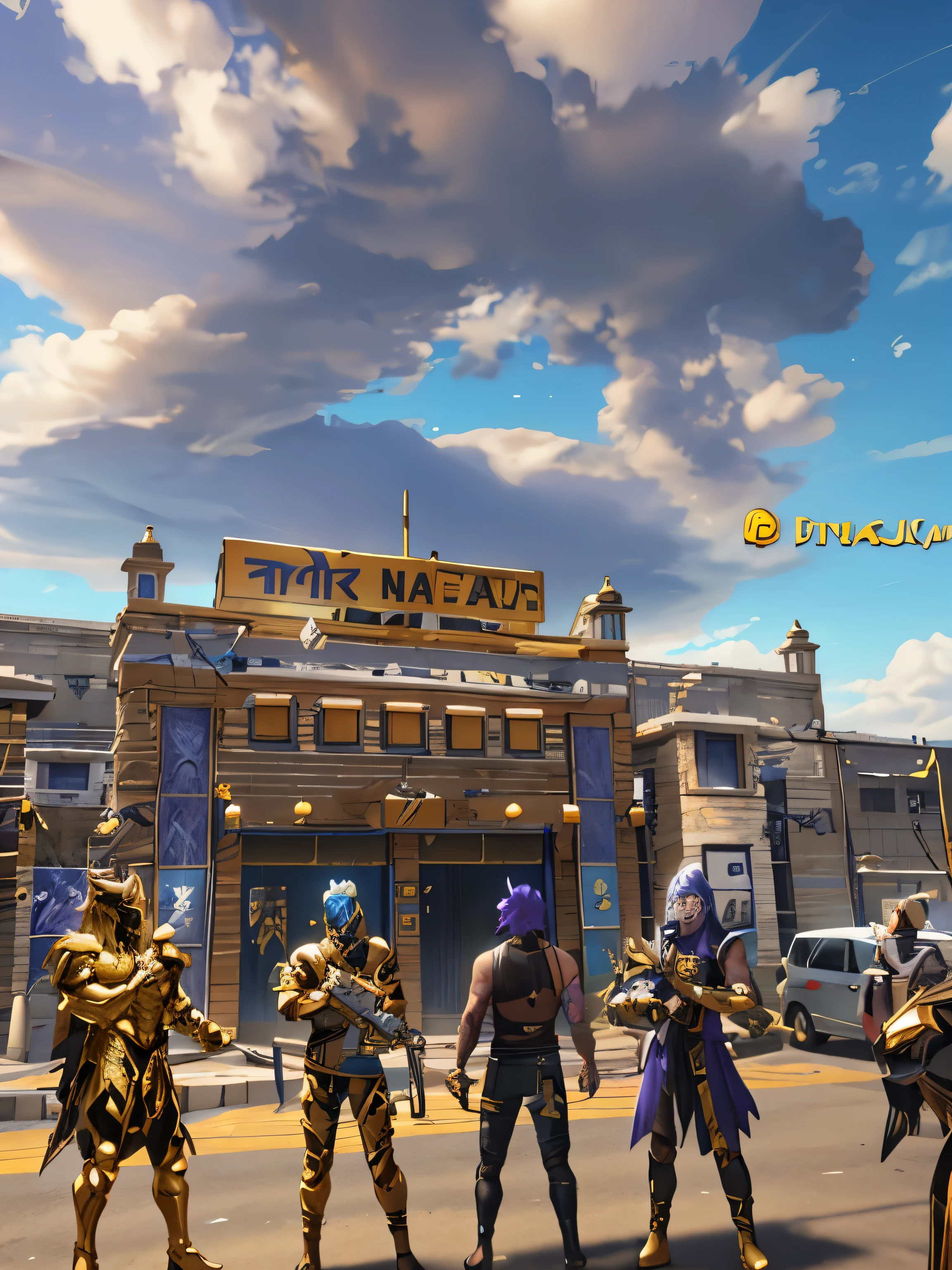 several people are standing outside of a yellow building with a sign that says royal rama, unreal engine render saint seiya, shot on iphone 1 3 pro max, 🕹️ 😎 🔫 🤖 🚬, accurate depiction, weta studio, wearing thanos armour, shot on iphone 1 3 pro, surreal!!!, cinematic view!!!, [ cinematic, saint seiya