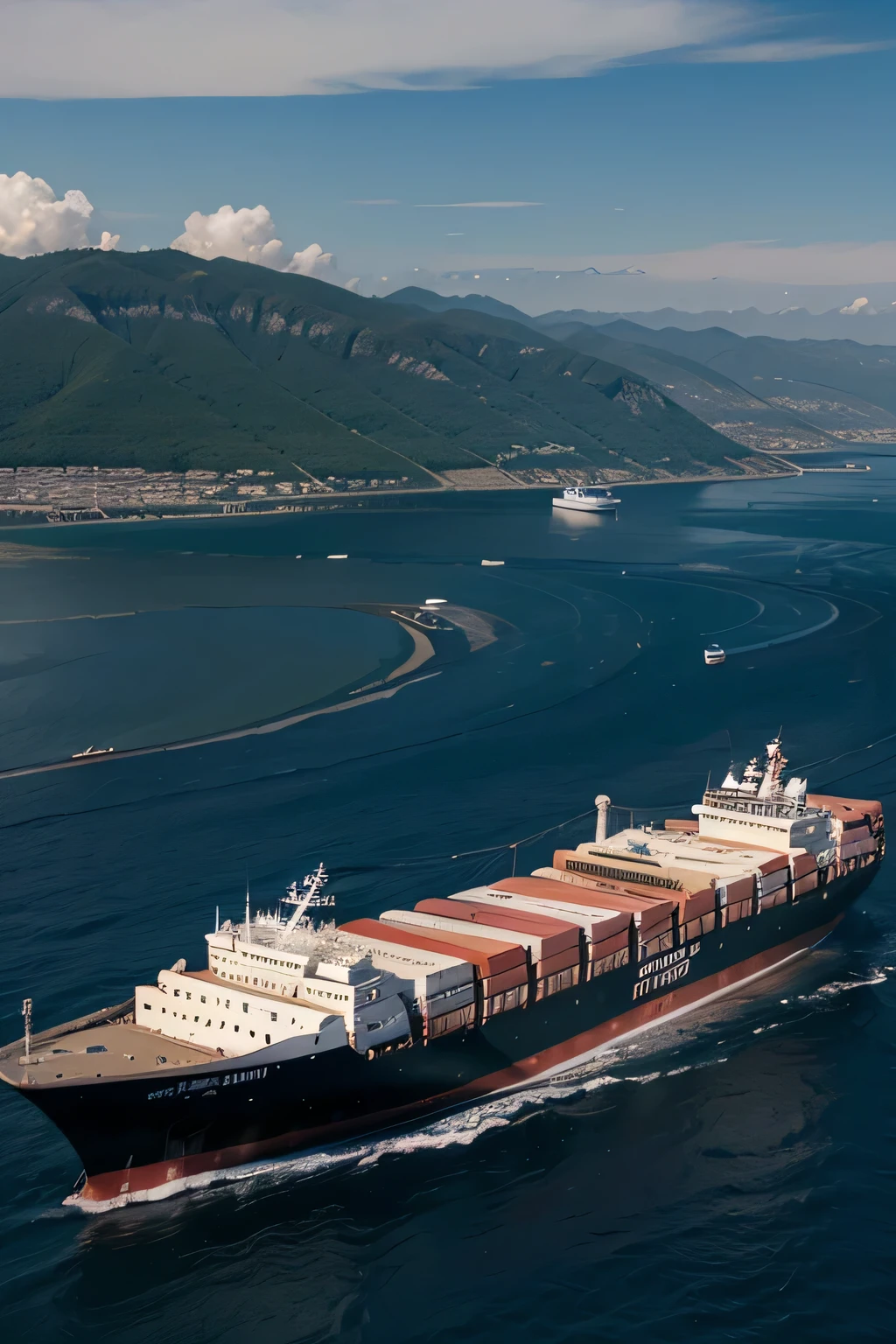 A visually stunning scene of a merchant ship transiting into a port that explores advanced technology in maritime transportation.
