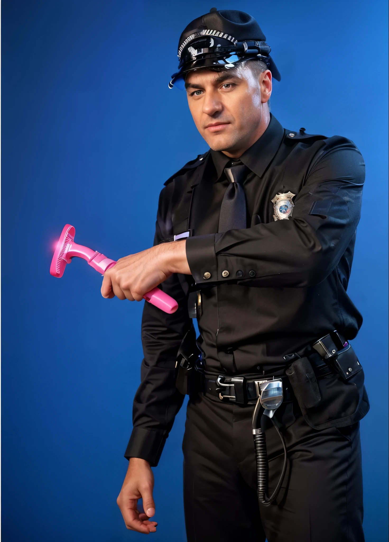 police officer with a pink razor in his hand, police officer, commercial photo, policeman, officer, holding a razor to shave,  most beautiful vfx, , realistic, 4k, high resolution, rim light, smooth 3d model, multiple light sources, rim light, sharp post effects render,, realistic, 4k, high resolution, rim light detailed digital art, reflective, best quality, 4k, masterpiece:1.2, ultra-detailed, realistic, vivid colors, The image of the highest quality, ensuring every detail showcased perfectly. It in 4k resolution, allowing viewers to immerse themselves in the richness of the colors and intricate details. The realistic rendering. under the spotlight, reflecting, high-resolution image, realistic rendering
