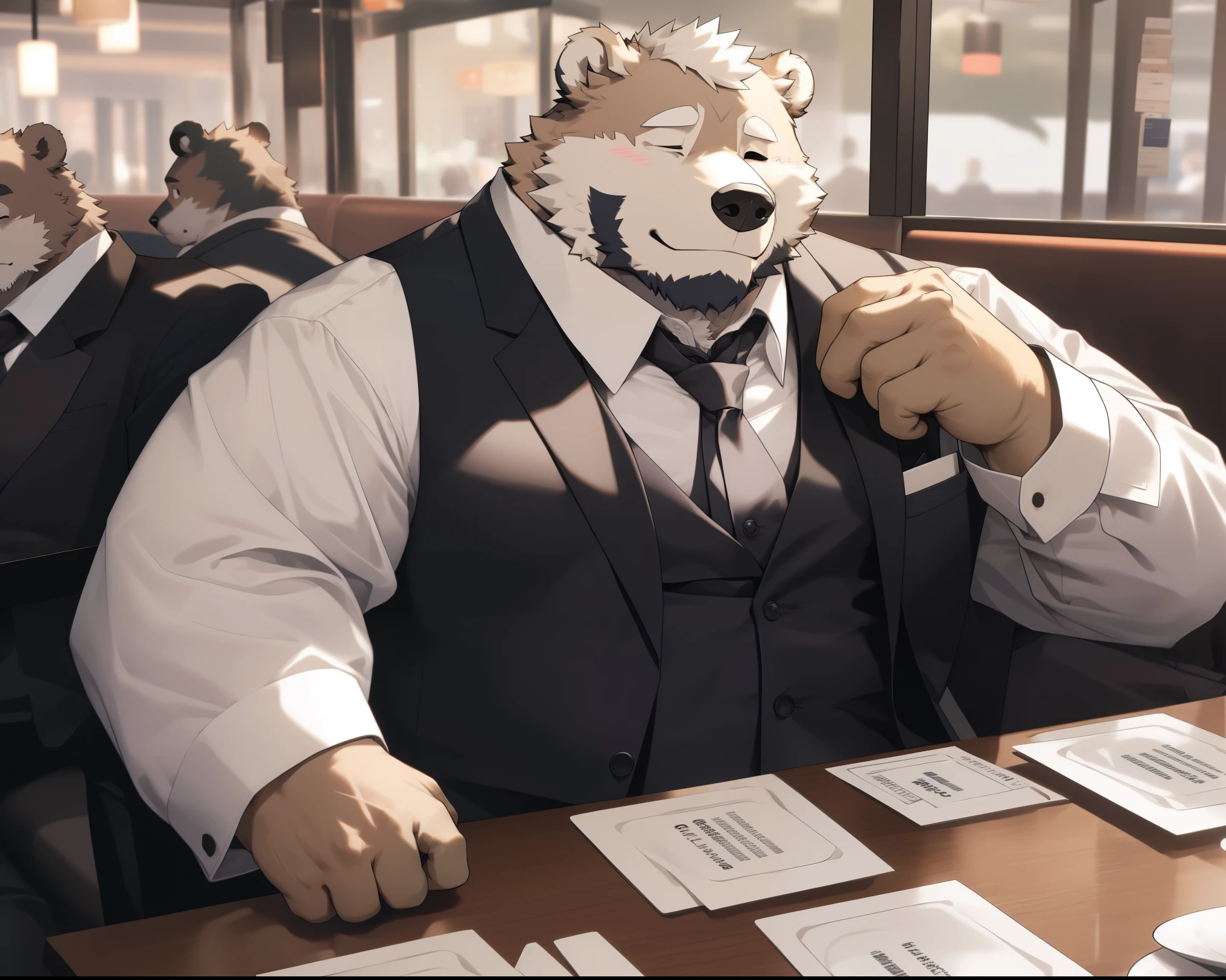 A furry, white fur, light yellow fur, young, director, suit, bear, prominent secondary sexual characteristics, chubby, a faint smile expression, one eye open and one eye closed, hand reaching into the pocket on the chest, taking out a business card, formal restaurant, sitting on a restaurant chair, full body shot, extremely realistic shading, masterpiece, very detailed, realistic.