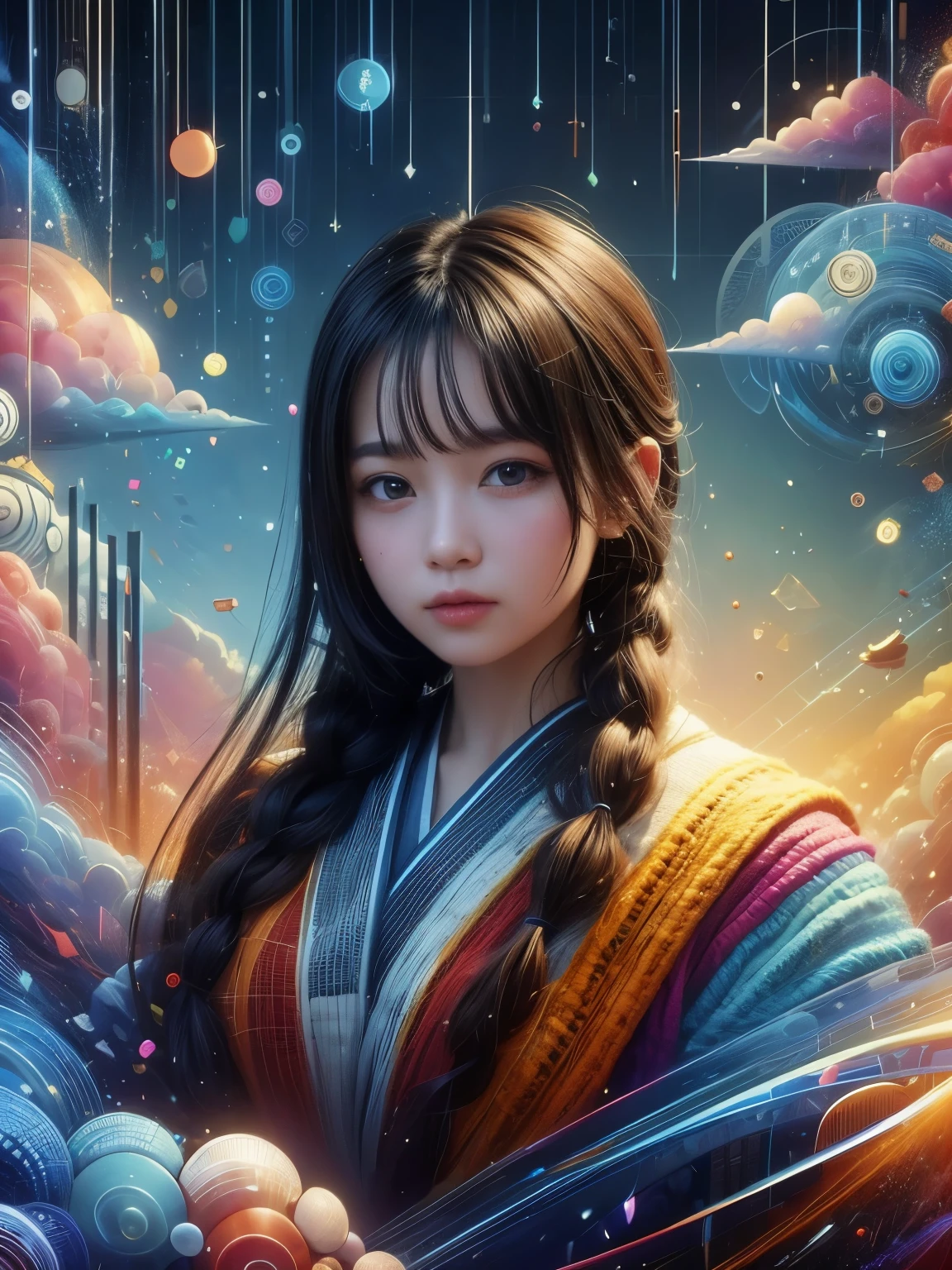 (high quality), (masterpiece), (detailed), 8K, Hyper-realistic portrayal of a futuristic (1girl1.2), Japanese character. Meticulous details bring the character to life in this visually stunning composition, showcasing the seamless blend of tradition and innovation. Trending on Artstation.