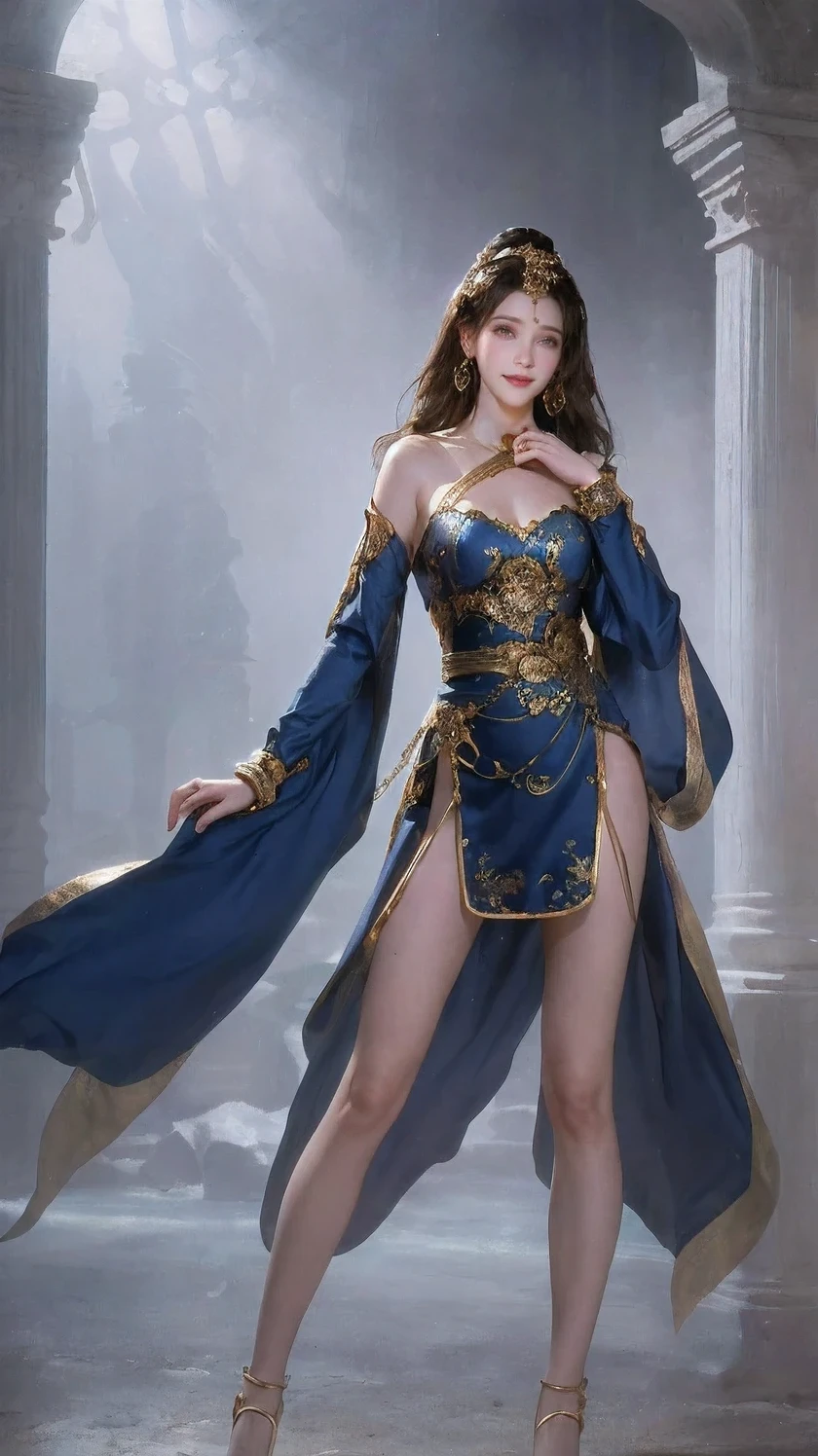 (8k, original photo, best quality, masterpiece:1.2),(actual, photo-actual:1.37),photo mapping,professional lighting,Radiosity,1 girl,alone,long_hair,(bracelet:1.1),(long legs:1.2),(earrings:1.1),Physically based rendering,Taikou,Performance,Chinese cloth,Dark blue and gold dress,shiny dress,The right hands,