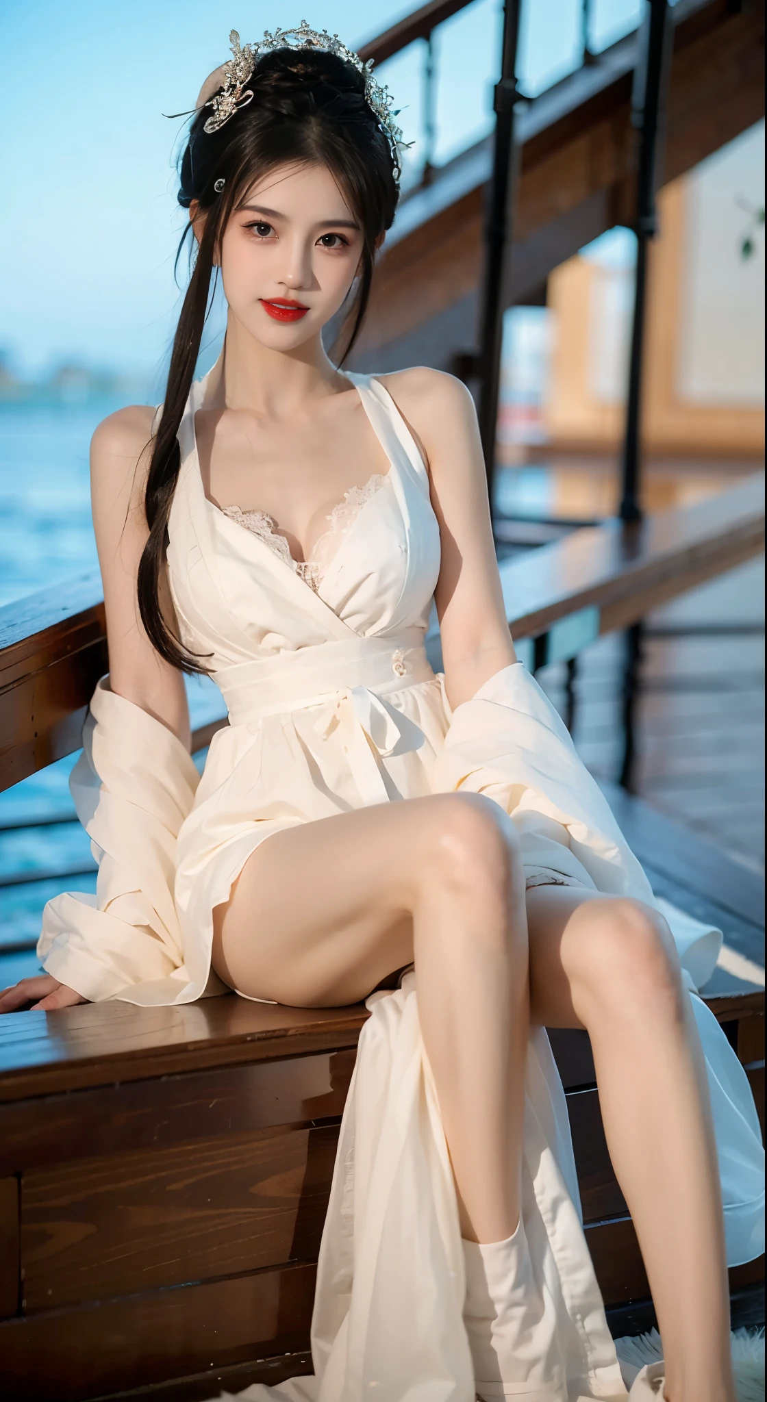 cute woman、cute face、cute smile、 、full body shot、80mm、well-shaped chest、lazy smile、bright kimono、garden、squirt、Cherry tree、slim body、medium long hair、beautiful and slim legs、Transparent white skin、Ordinary breasts、sitting with legs spread