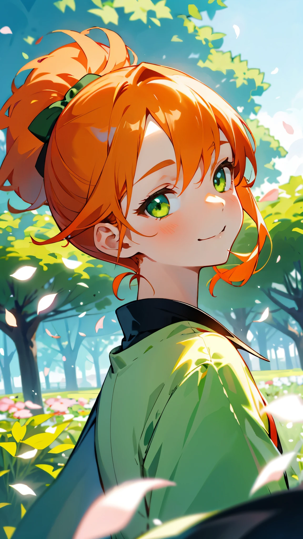 1 girl、riders jacket、orange hair、shining green eyes、side ponytail、From the side、evil smile、1 beautiful delicate portrait of a girl with a soft and peaceful expression、The scenery in the background is a garden with petals flying around.。