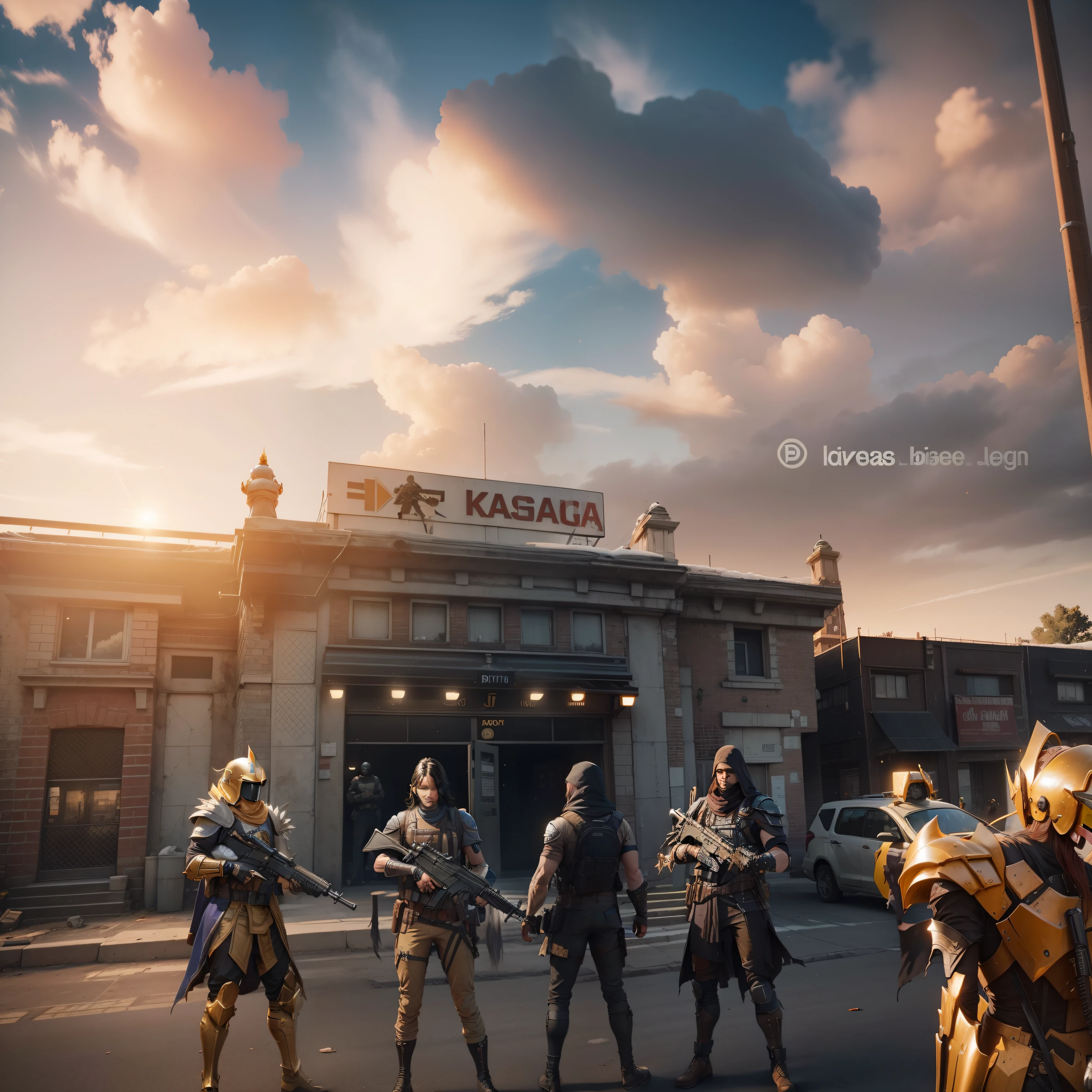 Pubg people are standing outside of a yellow building with a sign that says royal rama, unreal engine render saint seiya, shot on iphone 1 3 pro max, 🕹️ 😎 🔫 🤖 🚬, accurate depiction, weta studio, wearing thanos armour, shot on iphone 1 3 pro, surreal!!!, cinematic view!!!, [ cinematic, saint seiya