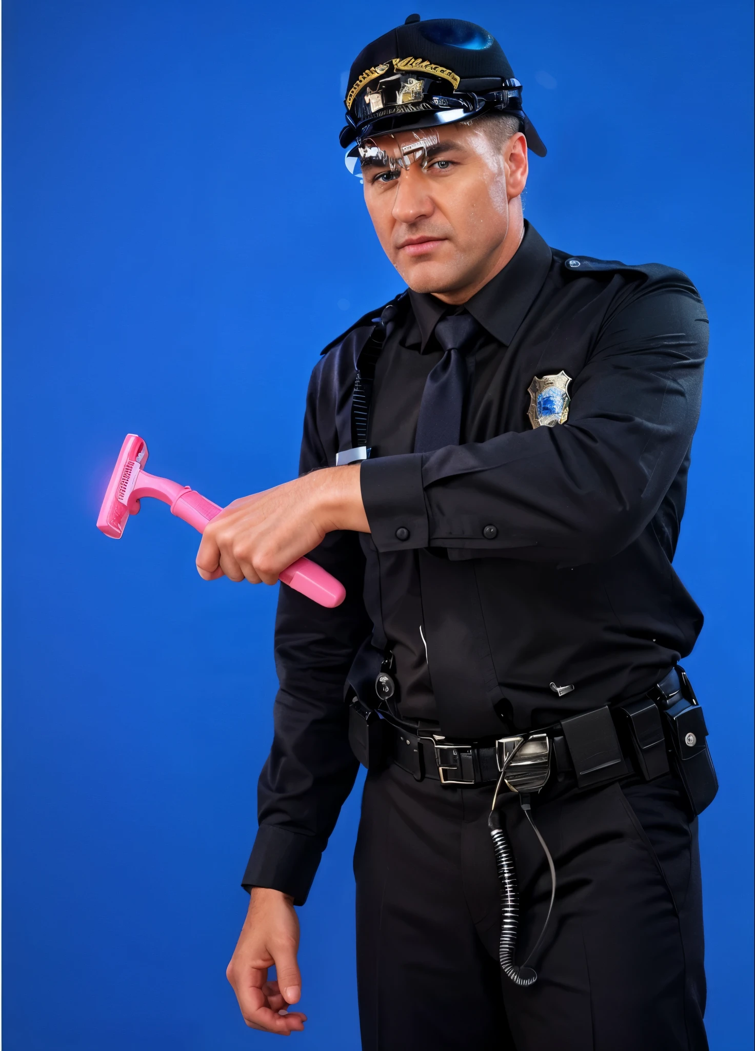 police officer with a pink razor in his hand, police officer, commercial photo, policeman, officer, holding a razor to shave,  most beautiful vfx, , realistic, 4k, high resolution, rim light, smooth 3d model, multiple light sources, rim light, sharp post effects render,, realistic, 4k, high resolution, rim light detailed digital art, reflective, best quality, 4k, masterpiece:1.2, ultra-detailed, realistic, vivid colors, The image of the highest quality, ensuring every detail showcased perfectly. It in 4k resolution, allowing viewers to immerse themselves in the richness of the colors and intricate details. The realistic rendering. under the spotlight, reflecting, high-resolution image, realistic rendering
