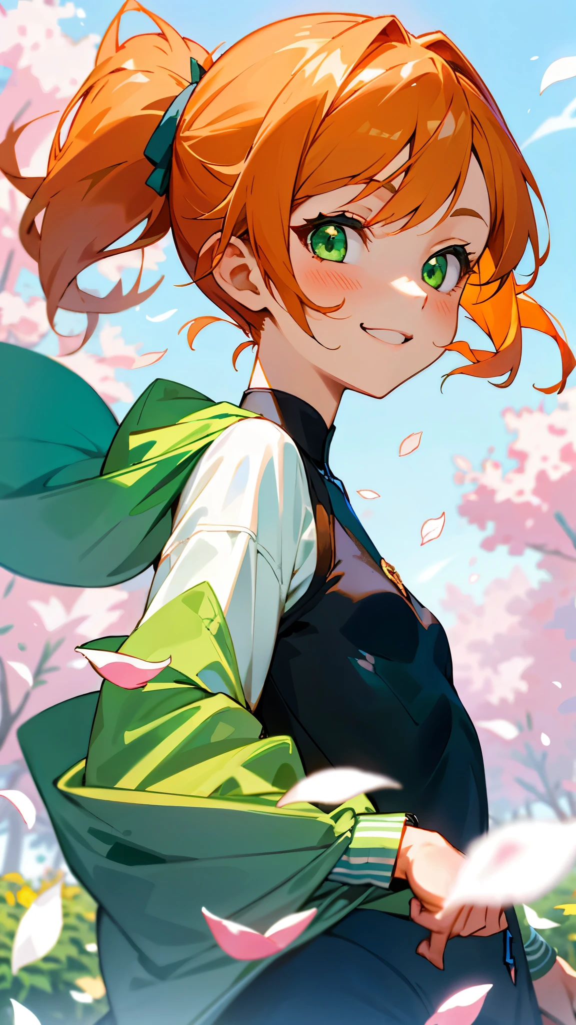 1 girl、riders jacket、small breasts、orange hair、shining green eyes、side ponytail、From the side、evil smile、1 beautiful delicate portrait of a girl with a soft and peaceful expression、The scenery in the background is a garden with petals flying around.。