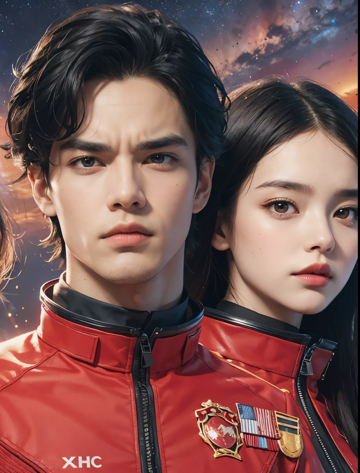 One handsome man and one beautiful woman. The two are in their early twenties. The two are looking at the camera with angry expressions. Both men are wearing red SS uniforms. Images of Mars and outer space appear in the space behind them.TThe man has his bangs down.he man has black hair and the woman has dark brown hair.