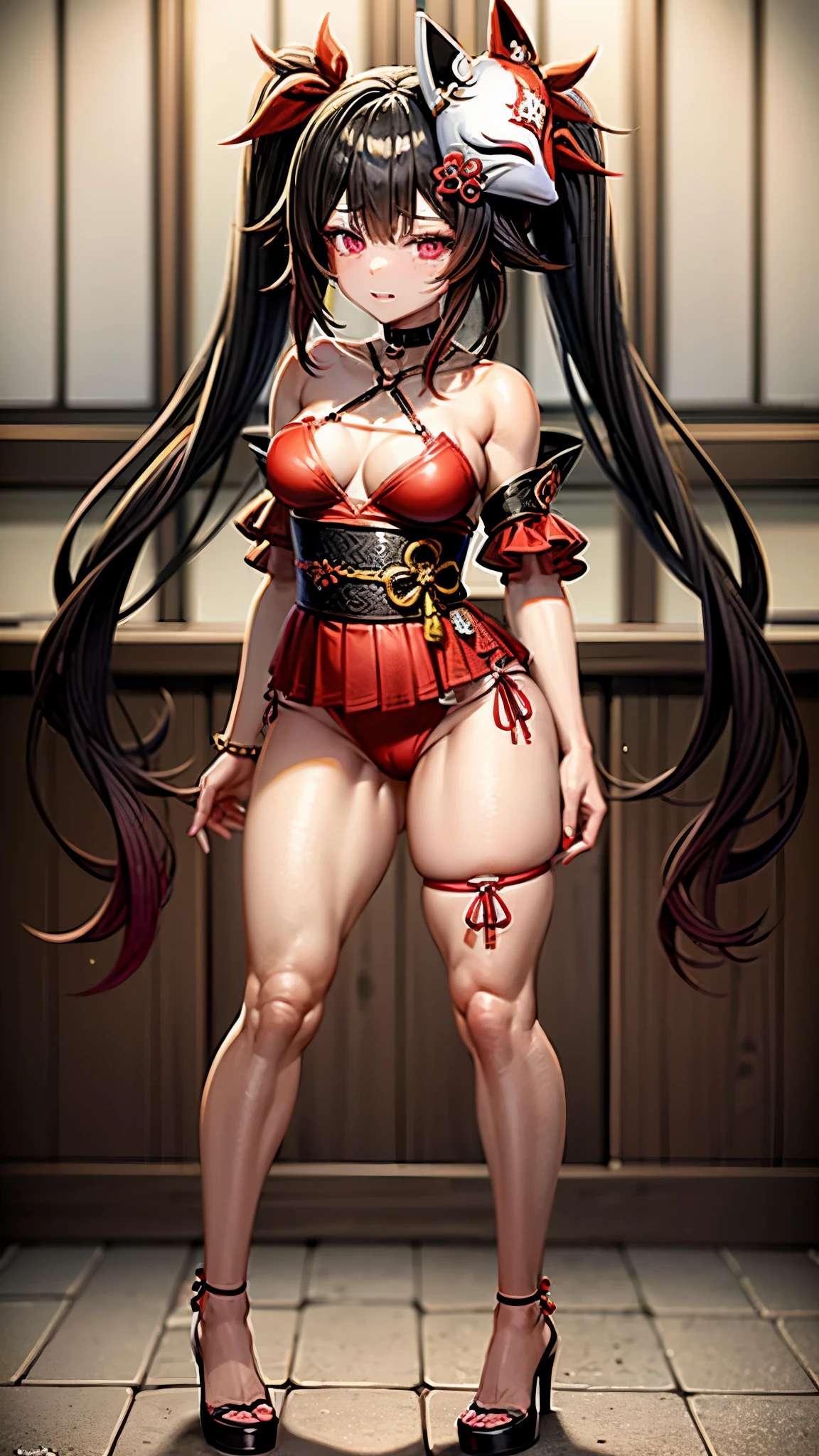 (1 girl), Face: Art style, Anime style color: Predominantly red with black and white contrasts, Eye color: bright crimson red, with luminous reflections. Hair color Black with red highlights, Hairstyle: Long with twintails, adorned with the traditional red and gold hair ornament, (((happy))), closed mouth, (((kitsune mask))), muscular legs, sadistic, (((in the motel room))), {{{showing her big  to me}}}, (((full body photo))), well-groomed nails, red nails, (((wearing a cute short  and ))) , , hdr, {Standing}, (((full body view))), wearing a red high heel shoe