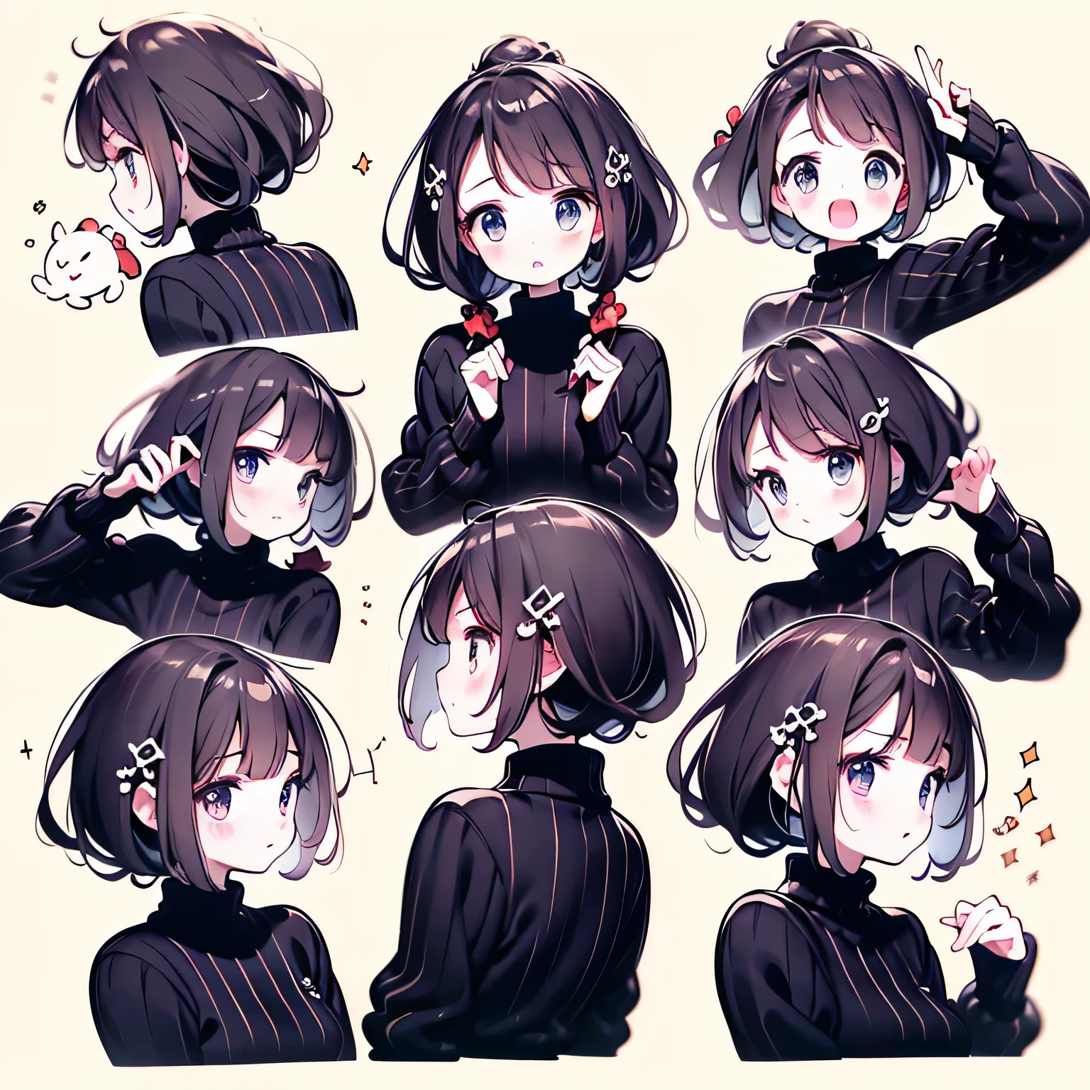 realism, (((better quality: 1.4))), ((super detailed: 1.4)), super detailed gouache portrait of a beautiful woman with red lips and black outfit, number, cartoon, actual, Emoji pack,(9 emoticons,Emoji table,constellation),9 poses and expressions(anger,surprise,have a good time,wake,laughing out loud,Suspect,angered,touch your head,Lovely for sale, wait),Anthropomorphic style,disney style,Black strokes,9 different emotions,9 poses and expressions,8k