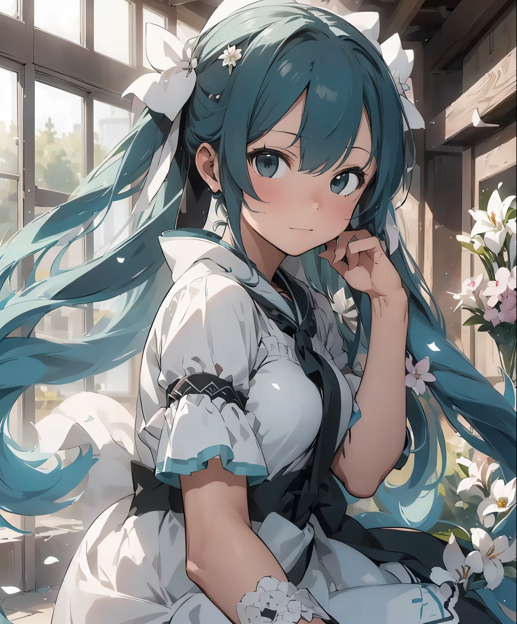 (masterpiece、highest quality、highest quality、official art、beautiful beautiful:1.2)、(1 girl:1.3)Hatsune Miku、twin tails,big breasts,Hatsune Miku ブルーヘア , Kagamine Rin yellow hair , White Wedding Dresses, long hair, flower hairpin, wedding bouquet wrapped in white paper, hand caressed hair, The effect of falling white petals, lily, big,