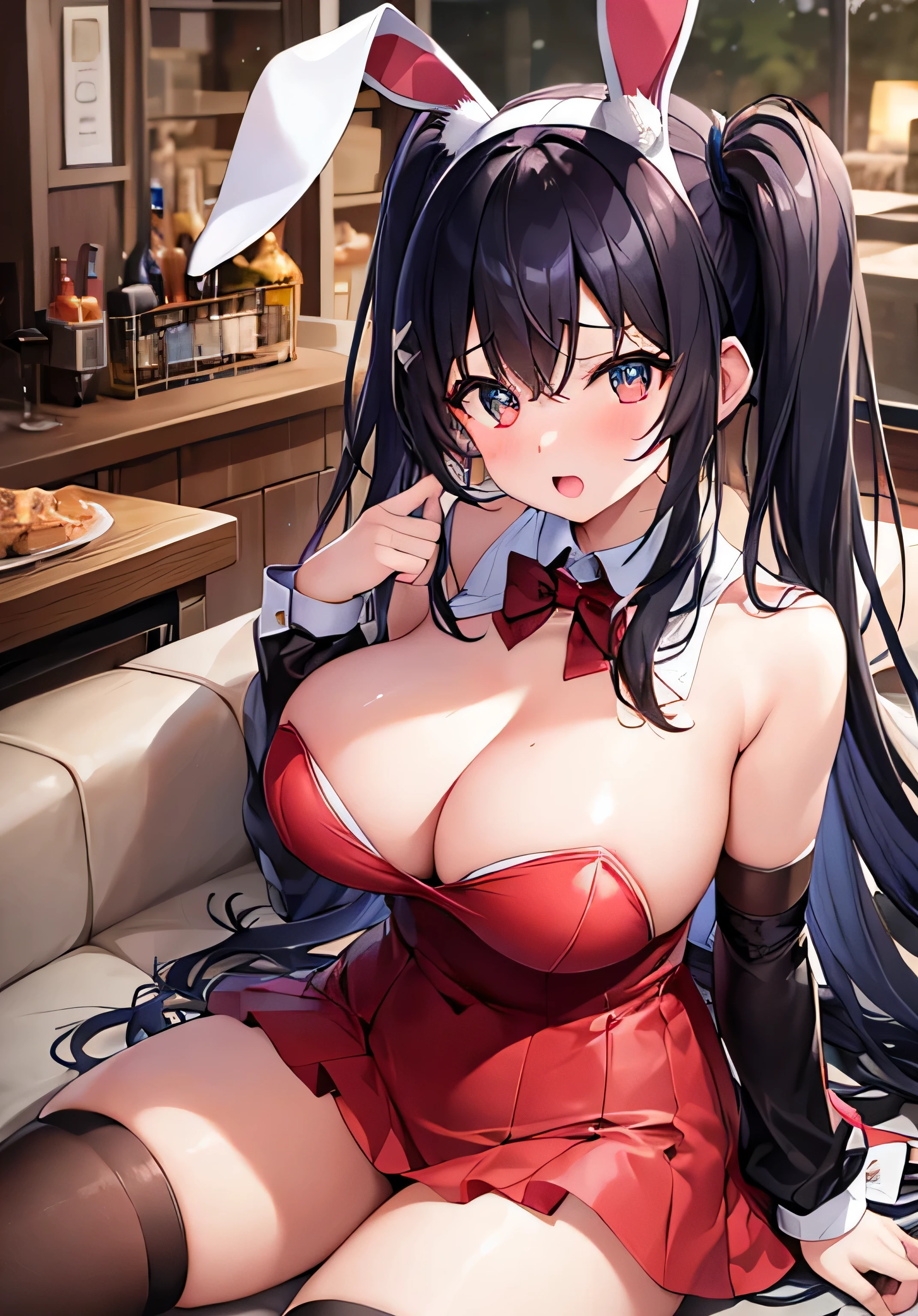 masterpiece、best image quality、ultra high resolution、NSFW、 girl with big breasts、twin tail hairstyle、black hair、red face、shyly、Open your mouth just a little、Bunny girl costume that shows cleavage、rabbit ears headgear、Inside the entertainment bar、sitting on the sofa、well-shaped legs、At night