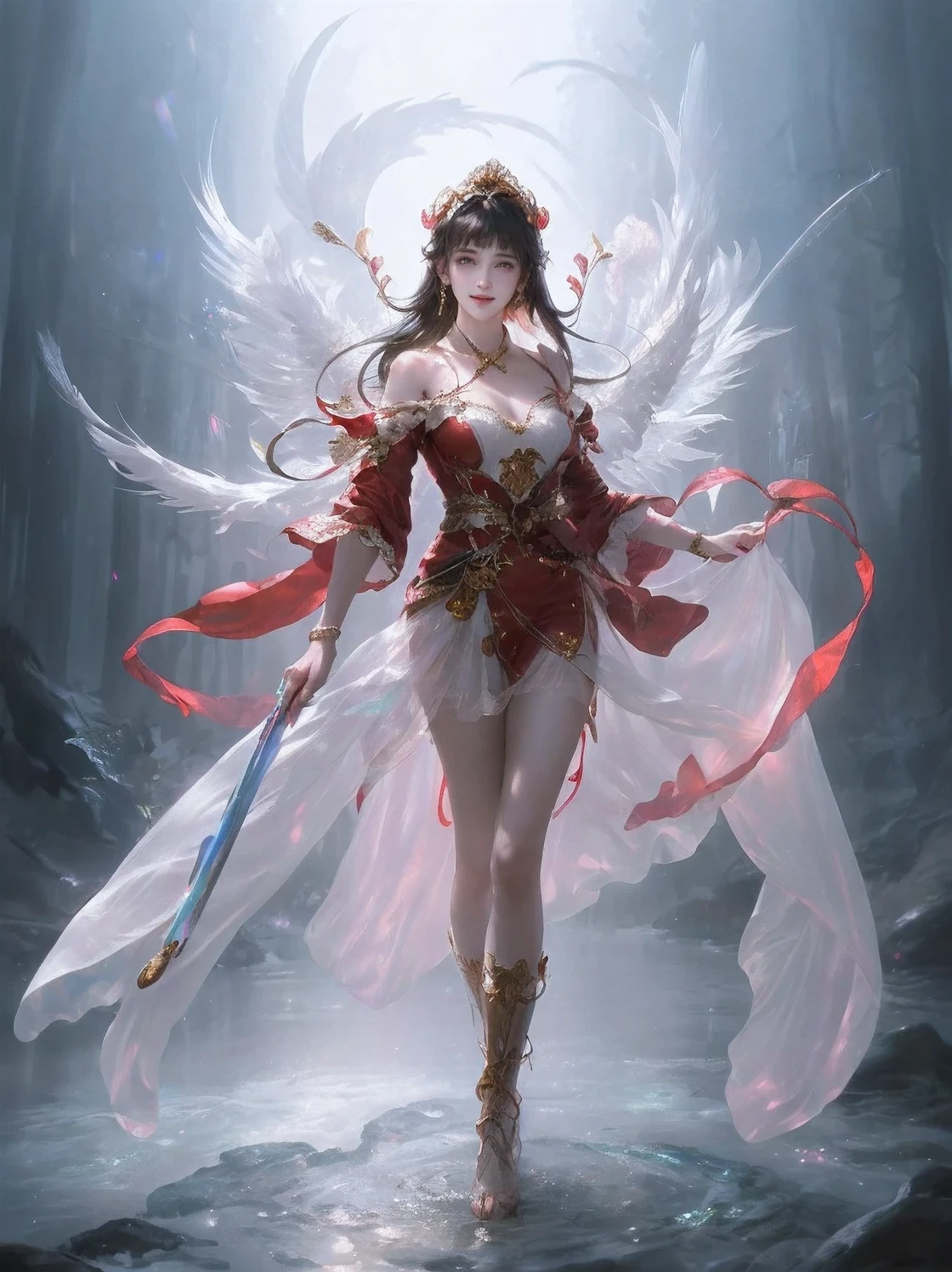 (best quality, masterpiece, high resolution, glow, flood, lens flare, wide angle), Sunlight, whole body, 1 [Chinese|Russian|Japanese|Korean] girl, ((my red:1.1) clothing), necklace, jewelry, long hair, earrings, The face is super delicate, pretty face, full face blush, perfect eyes (Eyelashes are very long: 1.4), giggle,glowing pupils, (white stockings: 0.9), realism, (High detail skin: 1.2), 8K Ultra HD, SLR camera, high quality, Volumetric lighting, frank, high resolution, 4k, 8k, background bokeh, Dream Forest,Radiant Licorice，Feather drop effect, morning, prospect