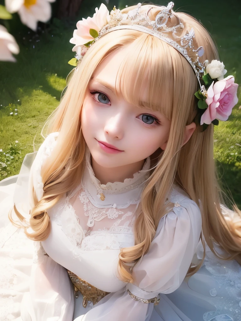 ((masterpiece)), ((highest quality)), ((super detailed)), (highly detailed face)、(very well-groomed face) , 1 girl, blonde hair, long hair, looking at the viewer, Princess, white Princess dress, tiara, smile, open your mouth, outdoors, flower garden, ((petal)), long sleeve, long dress, face focus, From above, white stockings, dynamic angle, dynamic pose,
