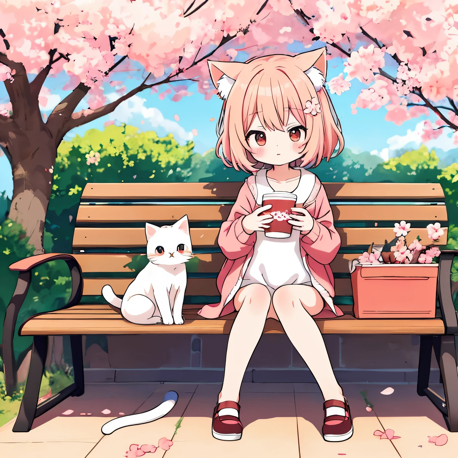 満開のcherry blossoms、Sitting on a bench with a cat and drinking coffee, in anime style, anime girl with cat ears, cute cat、Completely naked、cherry blossoms