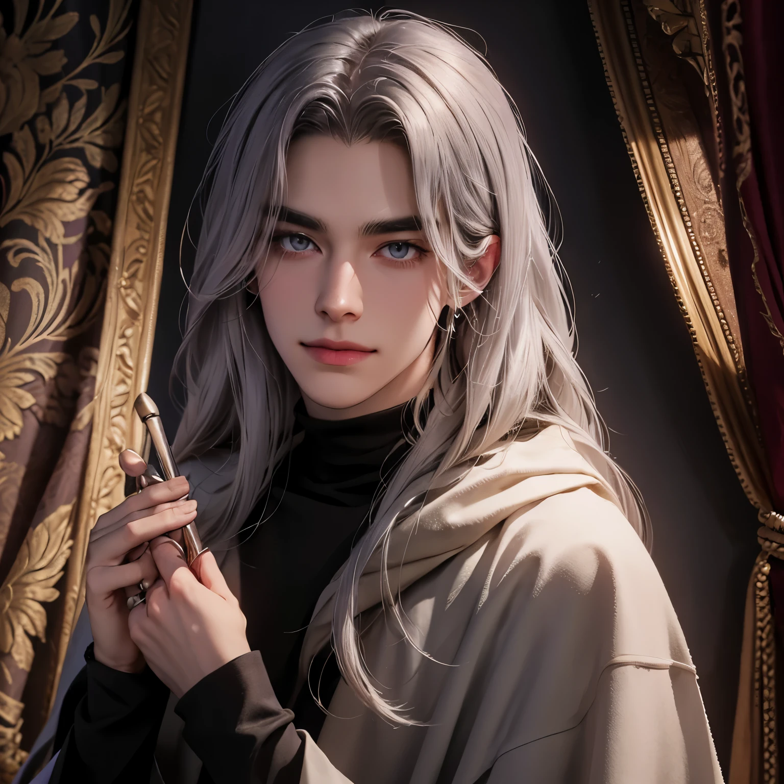 solo, magician, silver long straight hair man, dark silver thin eyebrows, medieval and handsome, wearing a gray robe, Violet eyes, Intellectual, Charm, Gentle eyes, smiling seductively, A room with magical tools scattered around, surreal, 5 fingers on hand, highest quality