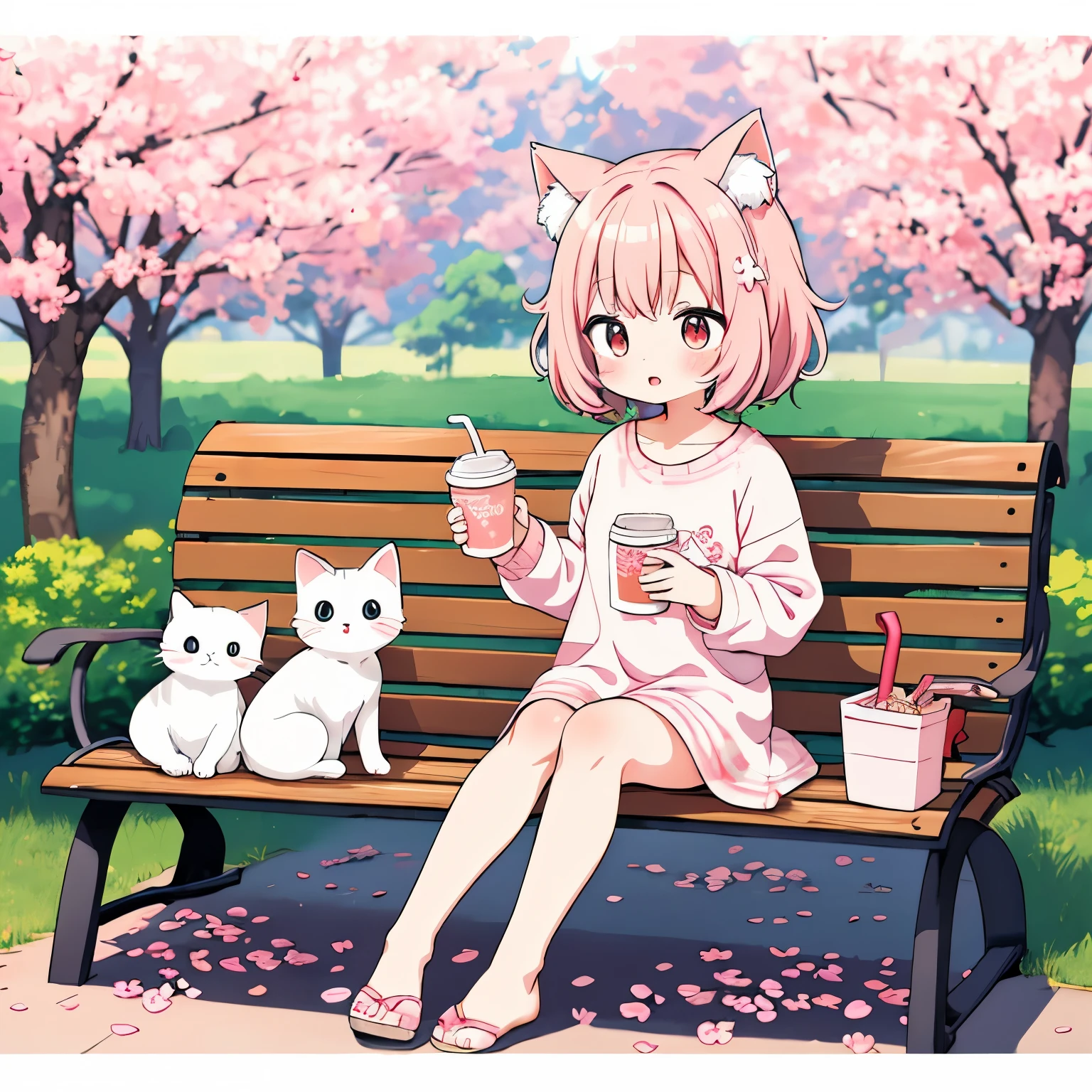 満開のcherry blossoms、Sitting on a bench with a cat and drinking coffee, in anime style, anime girl with cat ears, cute cat、Completely naked、cherry blossoms