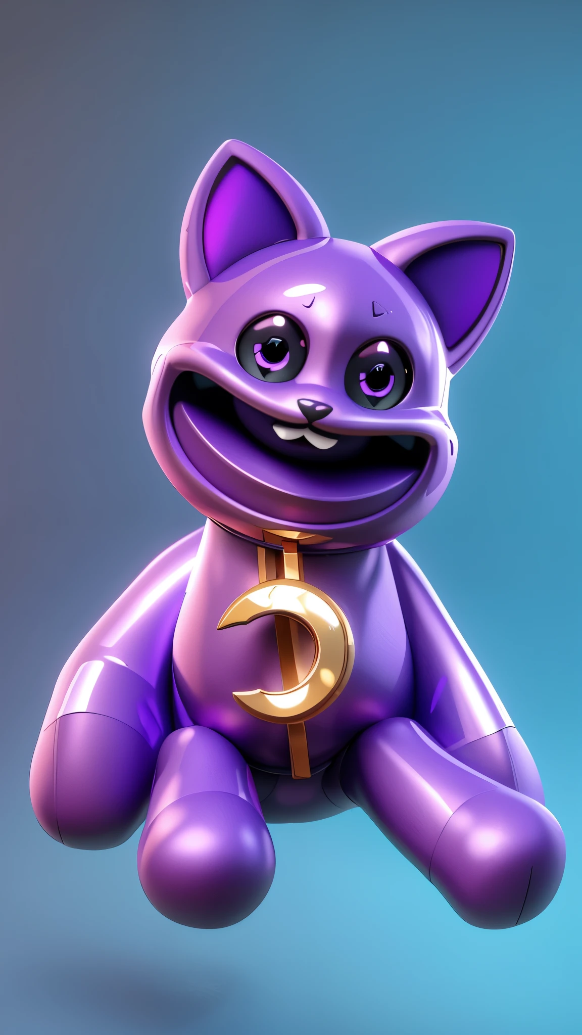a close up of a purple cat with a gold circle on its chest, big black eyes, glossy, smooth texture, purple cat, Cute 3 d render, zbrush color rendering, cartoon key frame rendering, 3D icon for mobile game, Cute! C4D, Anthropomorphic cat, stylized 3d render, normal map, Cat from the void, Stylized 3D
