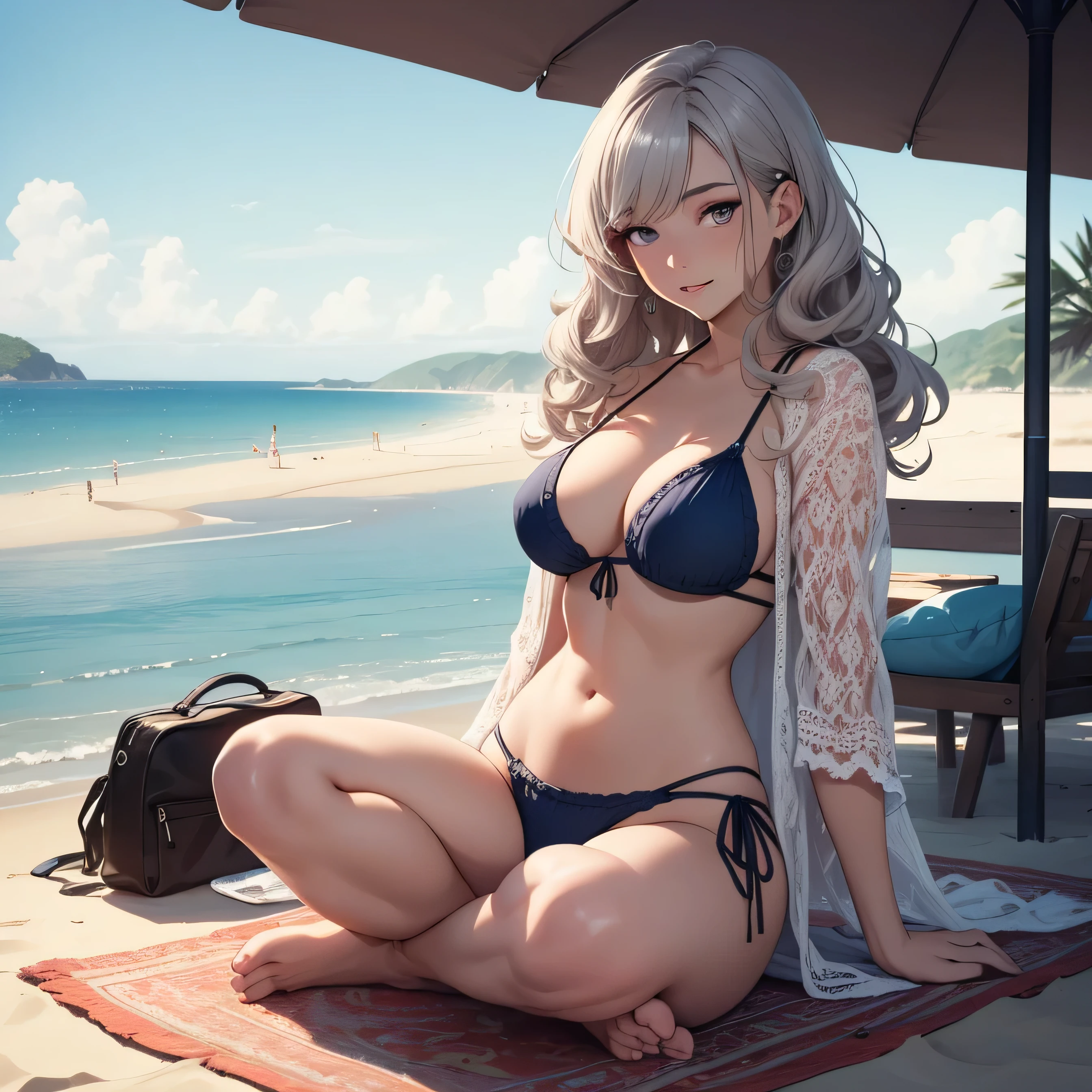 (masterpiece, best quality), hyperrealistic, cinematic, anime girl, (crochet cover-up with a two-piece bikini, the crochet cover-up adds a bohemian vibe, while the bikini underneath keeps it playful and stylish:1.2), ((seaside background:1.4)), 1 girl, ((silver hair:1.)), ((loose and tousled waves hairstyle:1.5)), ((full-body shot:1.3)), head to toe visibility, perfect anatomy, curvaceous body, alluring, long round legs, extra large chest, perfect eyes, perfect hands, (sitting on the sand with legs stretched out:1.2), (leaning back on one hand:1.2), (the other hand can rest on the crocheted cover-up or play with a strand of hair:1.2), (a serene and content smile and slightly parted lips:1.2), capturing a sense of relaxation and appreciation for the seaside setting, extremely detailed Artgem, ig model, artgem, alena aenami and artgem, krenz cushart and artgem, artgem and atey ghailan