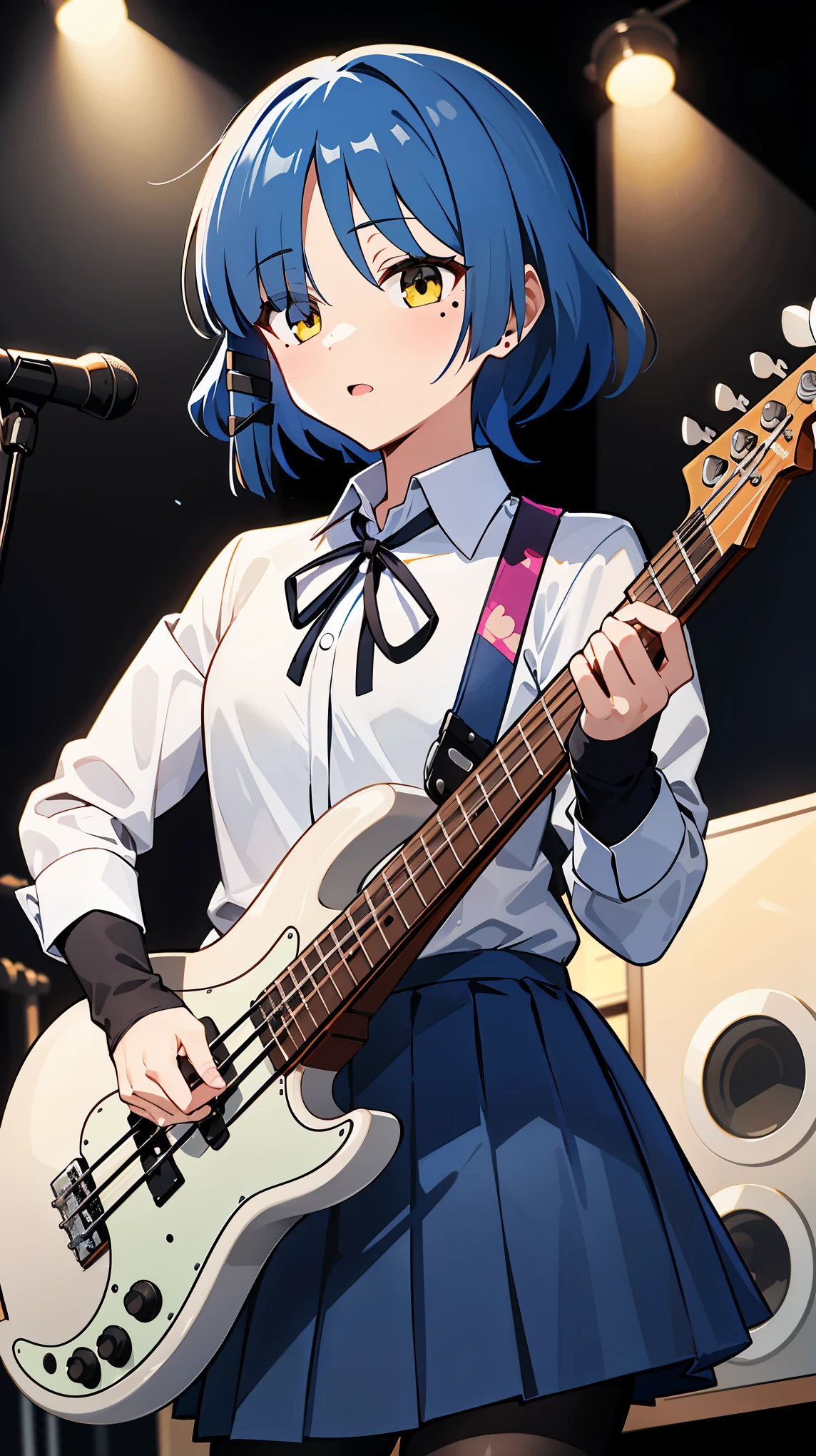 masterpiece, best quality, highres, aaryo, short hair, hair ornament, mole under eye, neck ribbon, collared shirt, (white shirt:1.2), long sleeves, pleated skirt, blue skirt, black pantyhose, stage, standing, cowboy shot, holding instrument, bass guitar, 