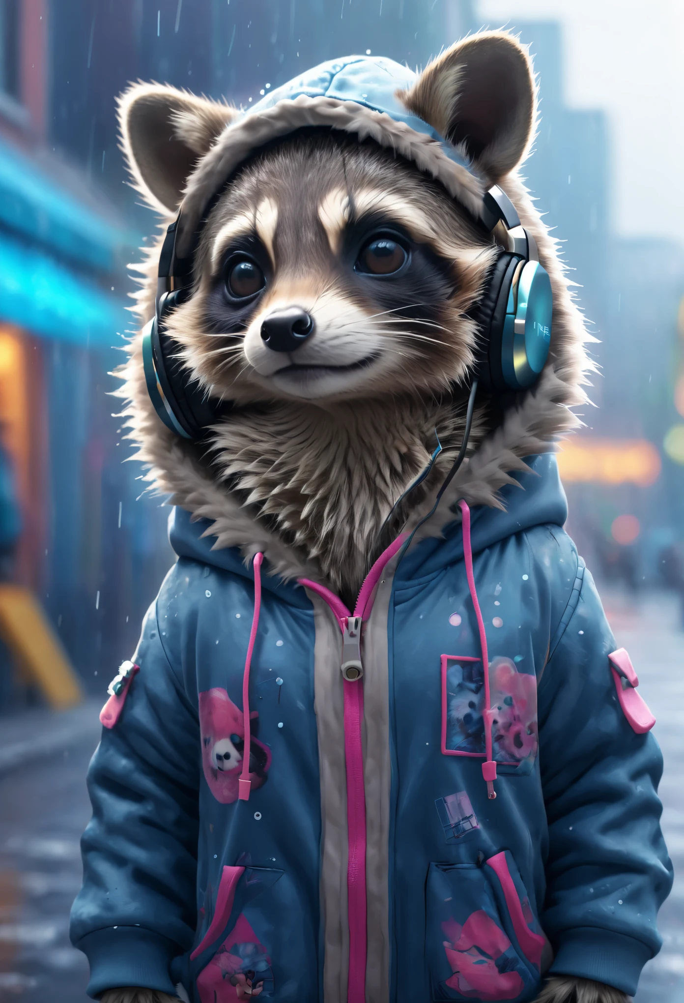 Cute  baby raccoon with fluffy fur wearing urban outfit, one hoodie and headphones, The background is modern and inorganic, Adorable Digital Painting, 3d rendered, Bright lighting, Vibrant colors,  outside and raining