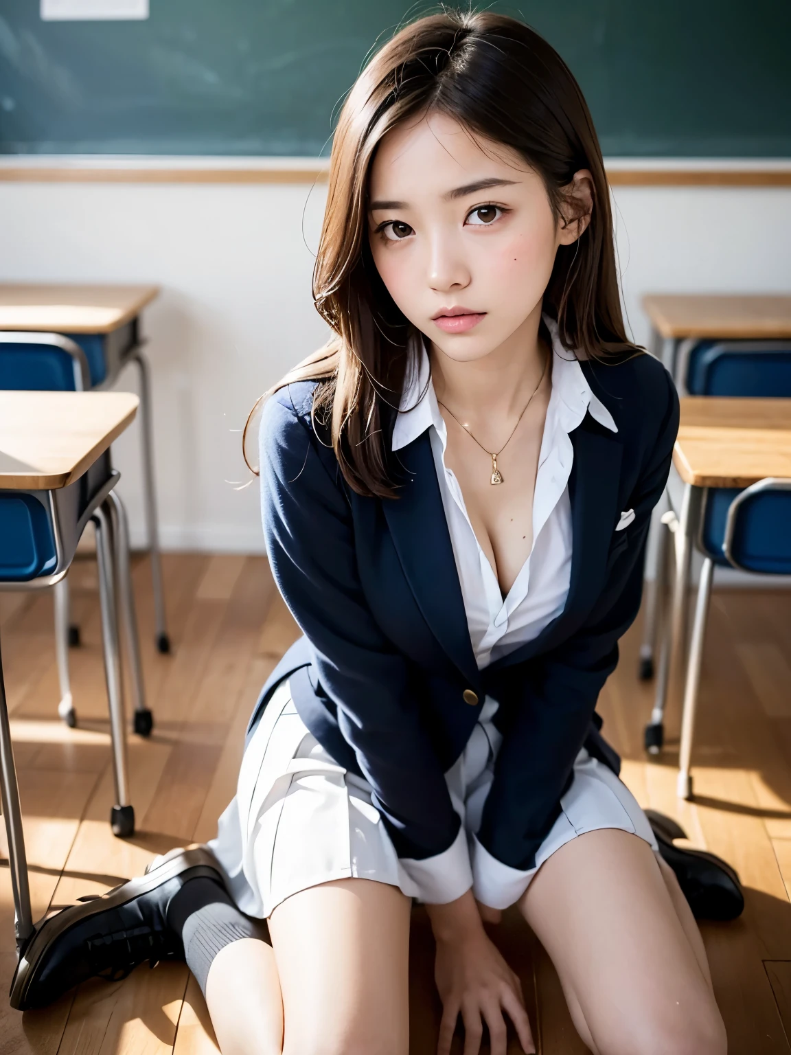 Top  Quality、Hight Resolution、extremely highly detailed、​masterpiece、Raw-Photo、realisitic、Photorealcitic、very delicate and beautiful.、delicate detail、textured skin、1girll、Solo、soio、18-year-old Japanese girl、Wearing a high school uniform、class room、(Body facing the camera:1.3)、(Sit on a school chair with your legs spread to the sides:1.2)、(Show me your white panties:1.2)、Dark blue jacket and plaid skirt、white shirts、Tie、Black Loafer&#39;s face is really pretty.:1.5)、Tall、Brown hair、(bare legs:1.1)、perfectly proportions、(Do not expose the upper body)、(In SFW)