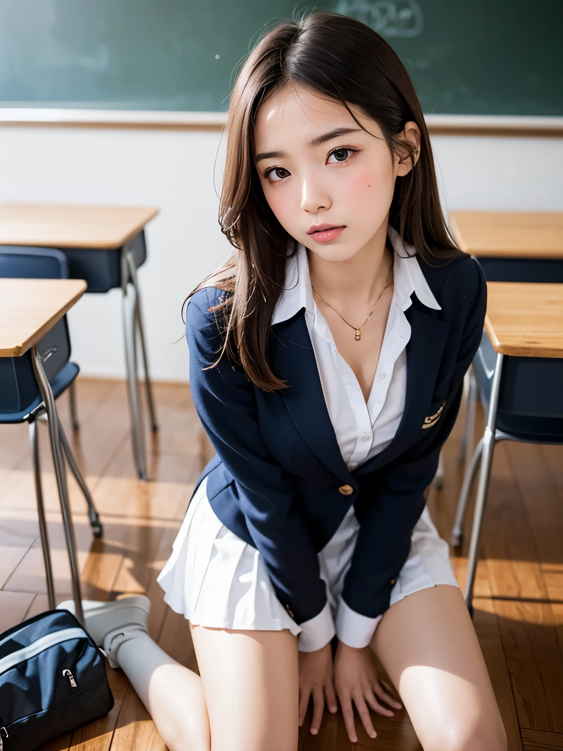 (looking at viewer:1.3), (masterpiece:1.3)、Super detailed finish、(High resolution、8k:1.3)、(highest quality)、(Super realistic like a photo:1.3)、correct limbs、anatomically correct, The face is in focus、close up on face:1.1、 ultra high definition face、Face is in focus、Ultra high definition and beautiful eyes、focused eyes、Eyes are symmetrical:1.3、High-definition and beautiful skin、firm skin、Ultra high definition hair texture、Japanese high school girl、、very cute, french twist, (high school uniform:1.3), classroom, sitting on floor、cleavage, (embarrassed:1.3), (blush:1.3), (Strange look:1.3), Mr.々shooting angle:1.3, looking at viewer, nsfw