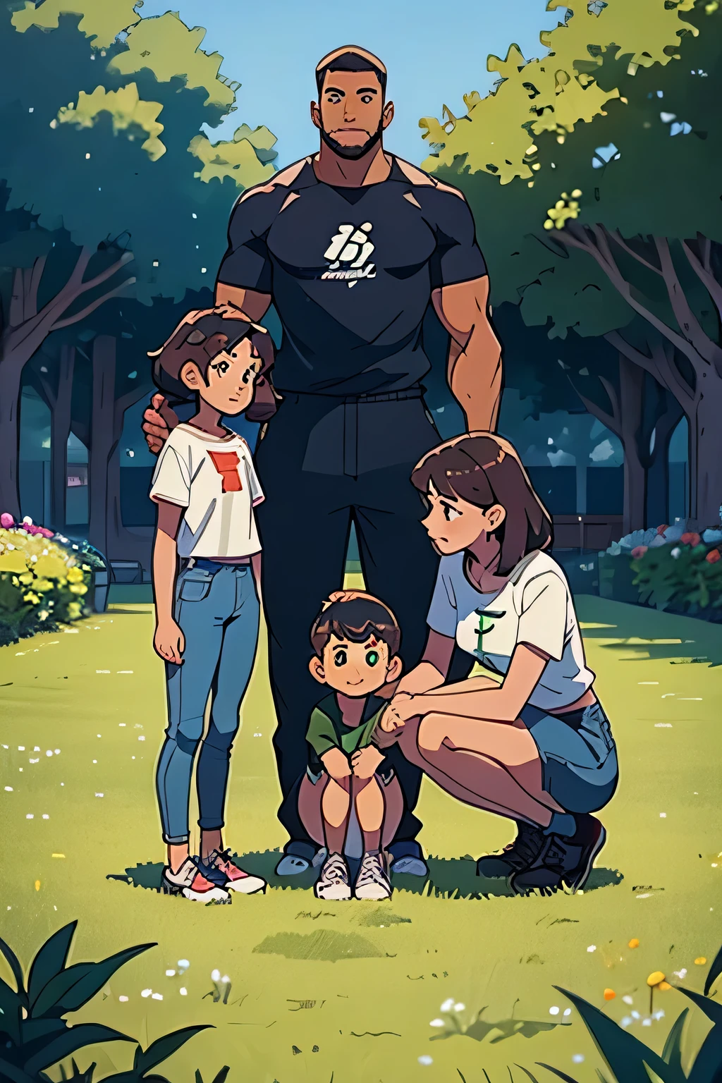 three young people in their twenties are in a green field, the bright sunny day, the view is seen from a medium distance and at a high right side angle, they are looking at the ground. They are in a diagonal line to the ground.. The first person is placed further to the left., frente a 3/4 in front and are crouched hugging their knees with their left hand extended. The next person in the middle is a young man., es alto y tiene la cabeza inclinada, sus hombros se hunden, Se ve triste. y la tercera persona, a tall girl is standing behind the young man with her body slightly leaning towards him at 3/4 almost from behind, she is putting a hand on his shoulder and looks worried